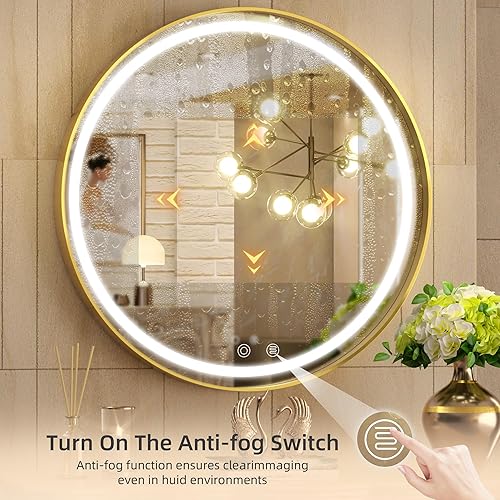 Miniatura 5 de Hasipu Espejo LED redondo de 32 luces para baño con luces, espejo de tocador de círculo dorado para pared, espejos frontales con marco de metal,