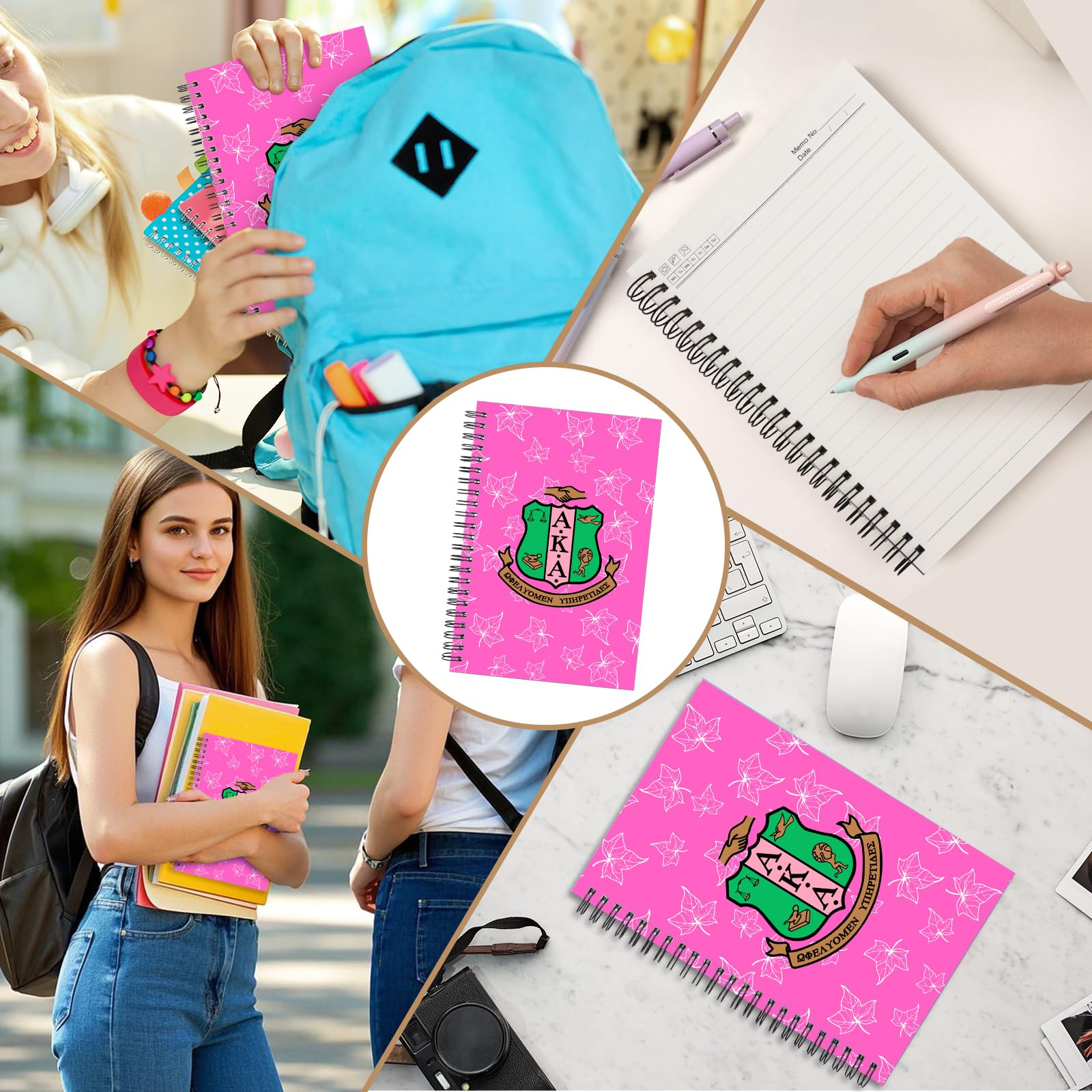A-K-A Gifts 2pcs Spiral Notebook Sorority Gifts for Women Girl Sisters Inspirational Journal 1908 Pink and Green Sisterhood Writing Notebook (2 Spiral AKA pinklogo)