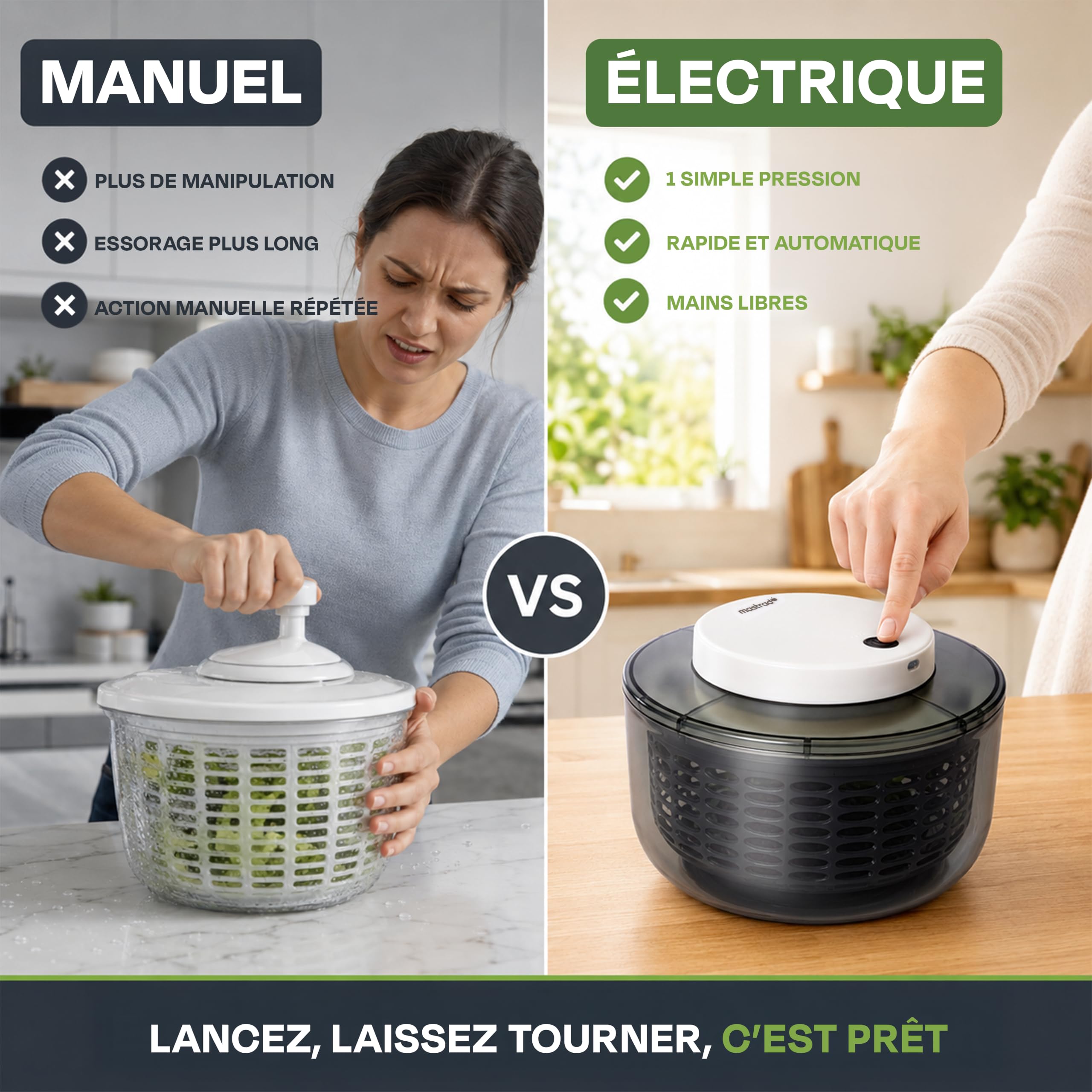 Mastrad - Essoreuse À Salade Électrique - 4L - 600 Tours/Min - Rechargeable USB-C – Essorage Rapide Automatique - sans Effort – Pieds Antidérapants – Bol Amovible – Grise