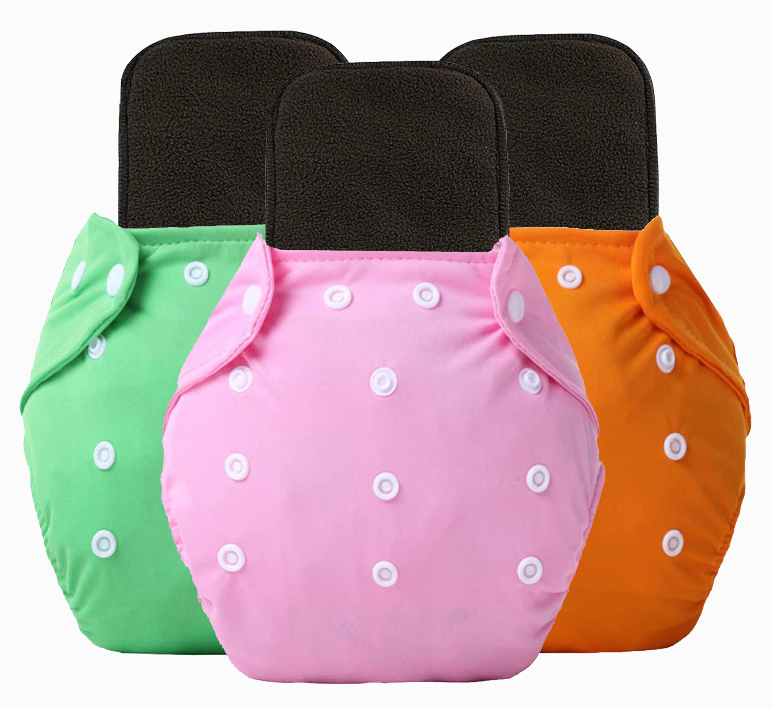 Alya Pocket Button Style Solid Reusable Cloth Diaper All in One Adjustable Washable Diapers Nappies(Without Inserts) for Toddlers/New Borns(0-24 Months,3-16KG) (Pack of 3, Pink,Green,Orange)