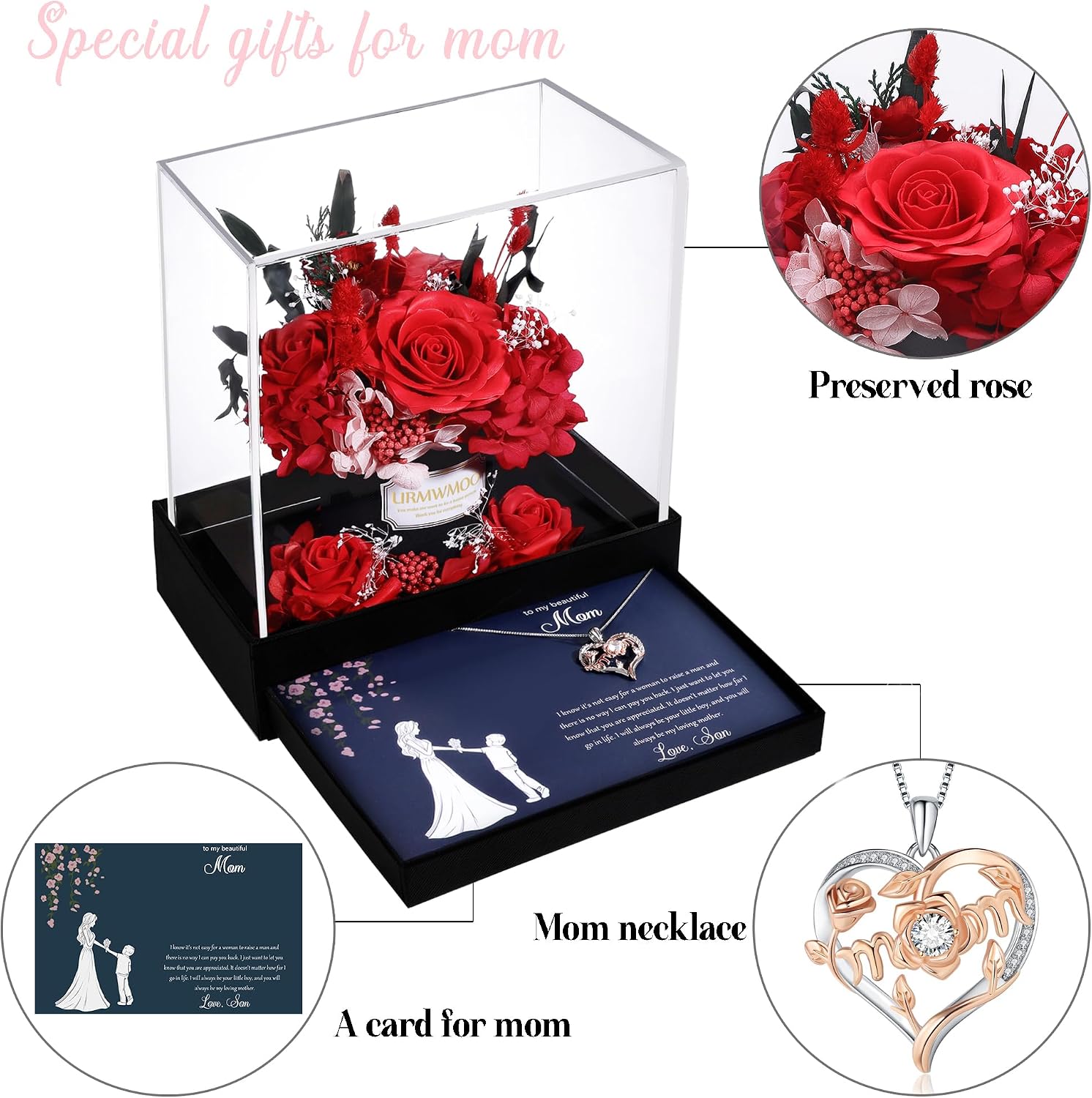 Preserved Red Rose with Mother Daughter Wife Necklace Jewelry Eternal Flowers Rose Birthday Gifts for Women on Birthday Christmas