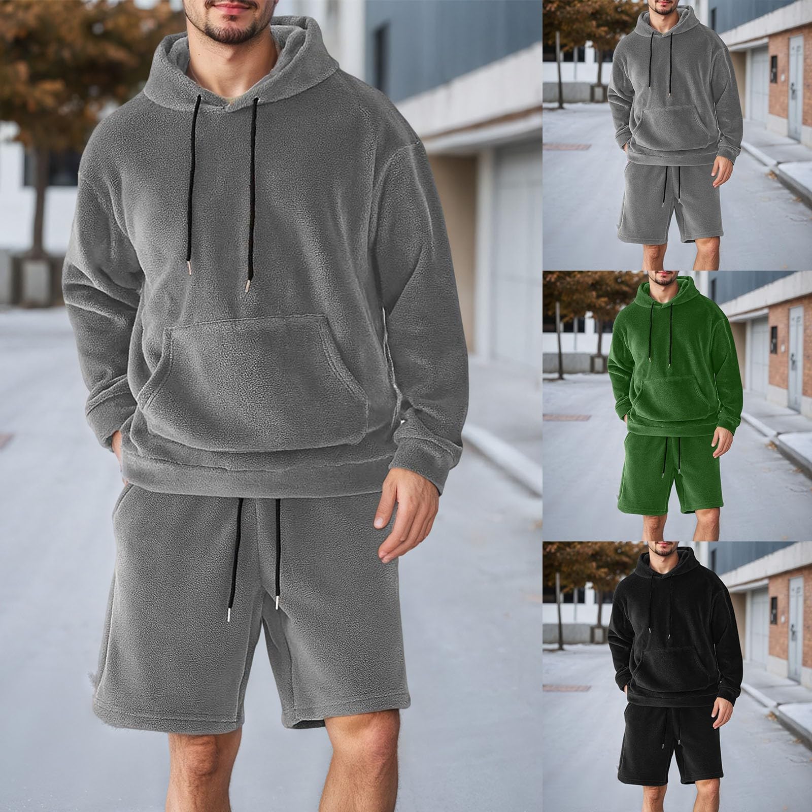 Chándal para hombre de 2 piezas, forro polar, sudadera con capucha y pantalones cortos de chándal, chándal de manga larga, traje deportivo holgado, sudadera con capucha, traje de ocio