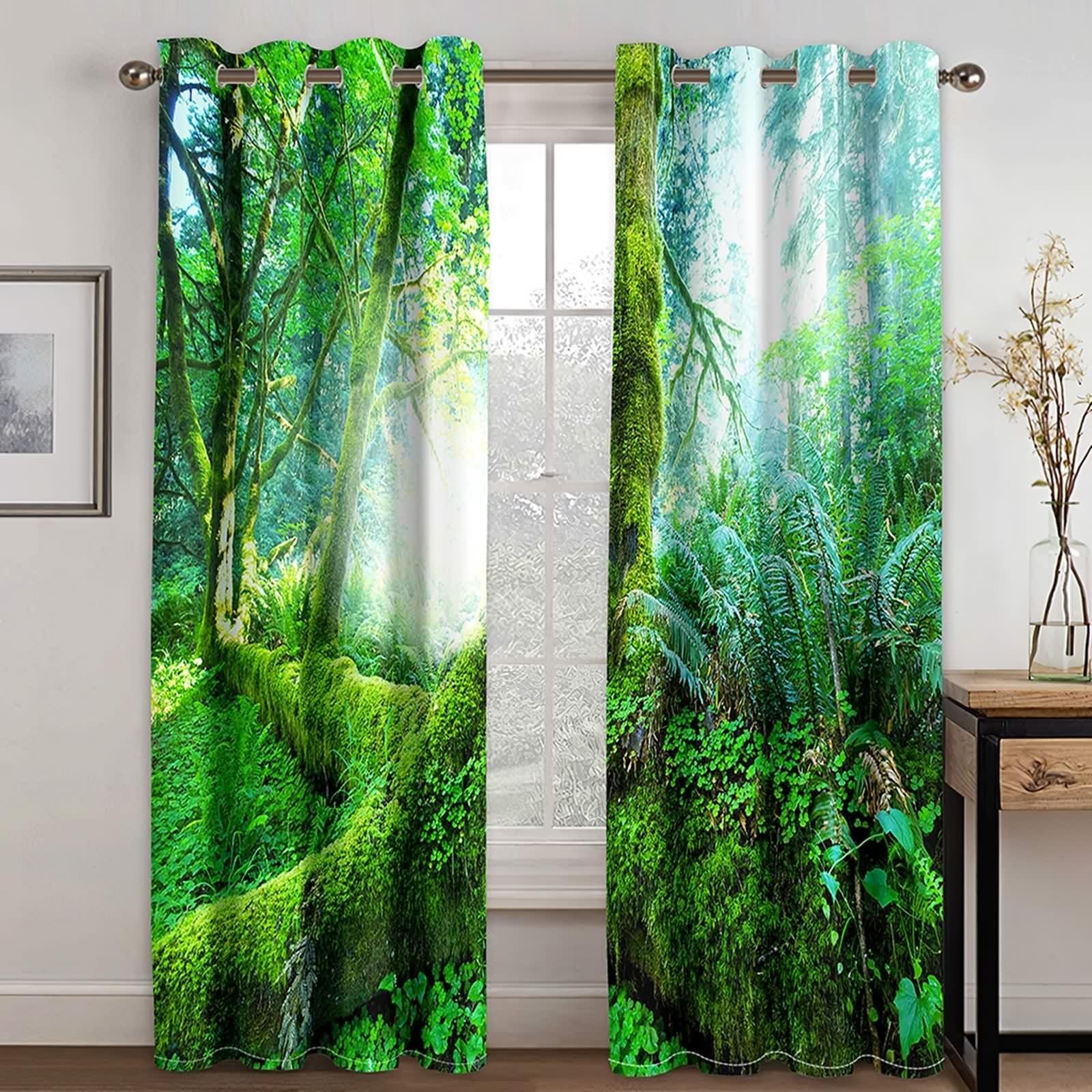 Zasłony o wysokości 160 cm, zasłona dekoracyjna zielona, poliester, słońce i dżungla, zestaw 2 sztuk, szer. 102 x wys. 160 cm