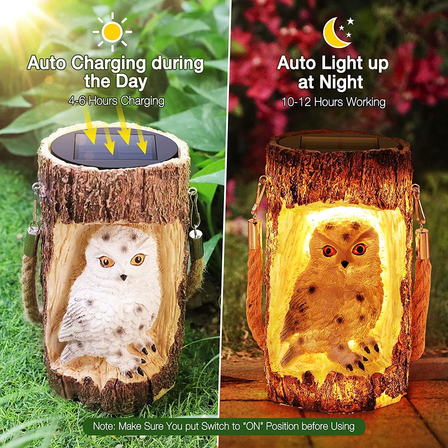 Lanterne a Sospensione Solari Lampada da Ceppo di Gufo Impermeabile for Esterni con Maniglia Statua di Gufo a LED Statuetta di Prato Leggero ad Energia Solare for Patio Cortile Giardino Portico Decora