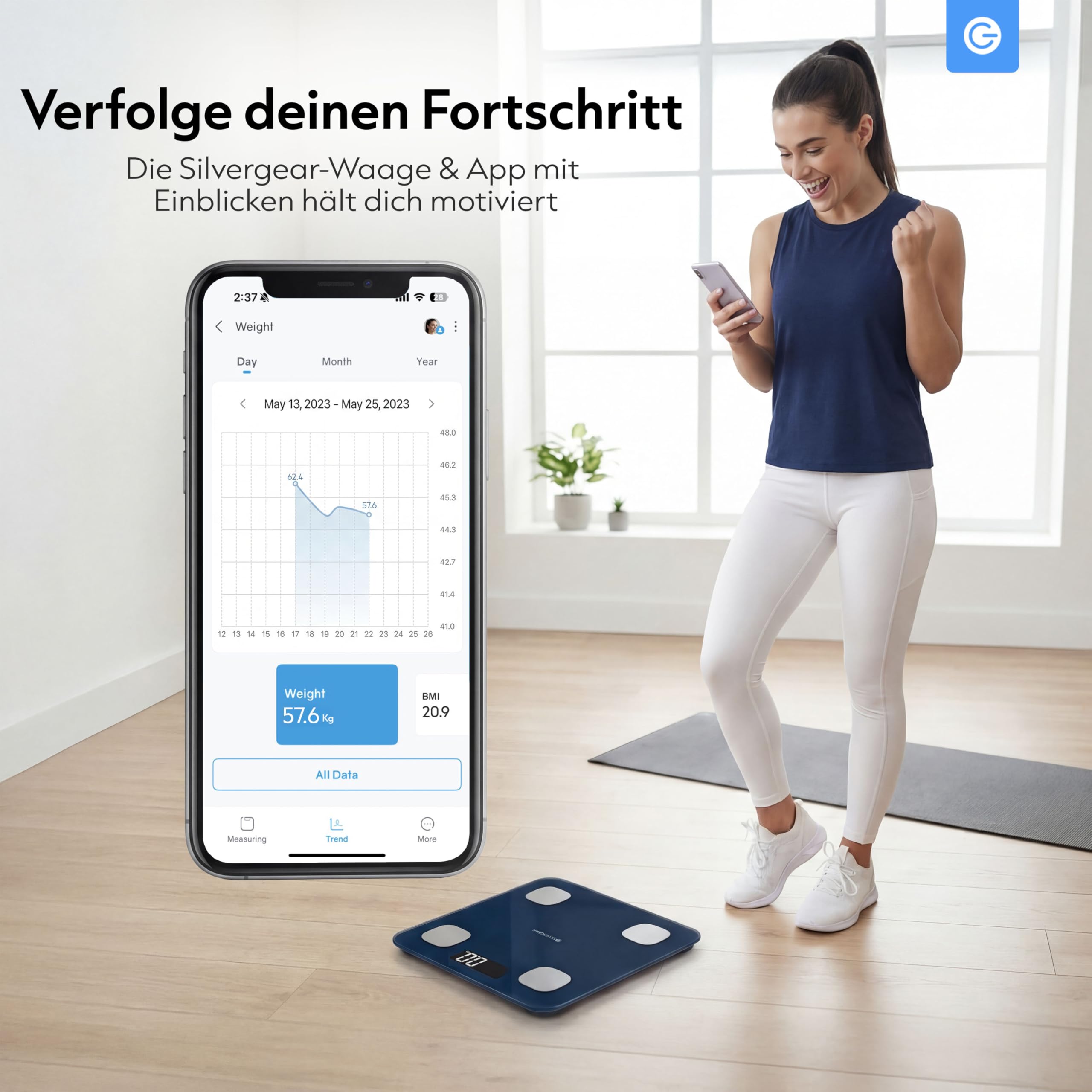 Silvergear® Körperfettwaage | Personenwaage Digital | Bluetooth Körperfettwaage mit App | Smart Waage für Körperanalyse, Muskelmasse & BMI | 27x27cm | Blau