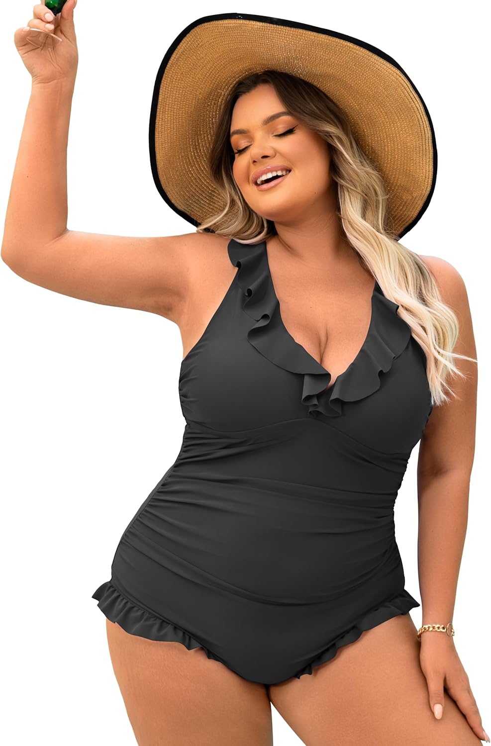 One Piece Swimsuit Women Plus Size Deep V Ruffle Neck Bathing Suit Cross Straps Tummy Control Modest Swimwear XL - Image 4