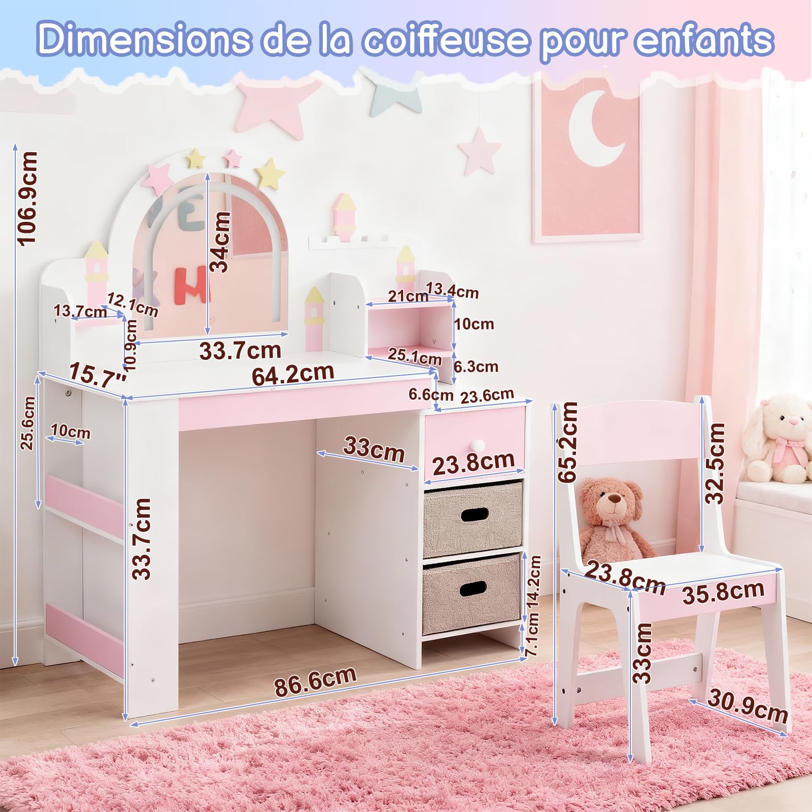LALAHO 2 en 1 Coiffeuse pour Enfants et Miroir LED, Coiffeuse Fille avec Tabouret，Bibliothèque pour Enfants, Tiroirs en Tissu et Tiroirs en Bois, Crochets à Bijoux，pour Les 4-9 Ans (Blanc & Rose)