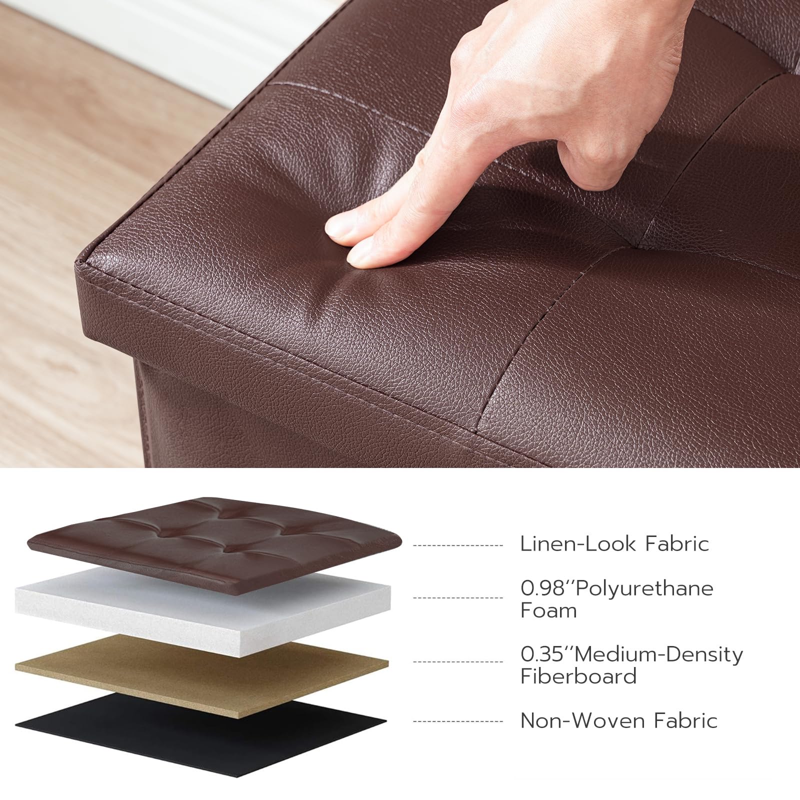 HOOBRO 29.9 Inchs Folding Storage Ottoman Bench, Storage Chest, Footrest, Coffee Table, Padded Seat, Upholstered Top, Holds up to 660 lb, for Living Room, Bedroom, Entryway, Brown BR78CW01