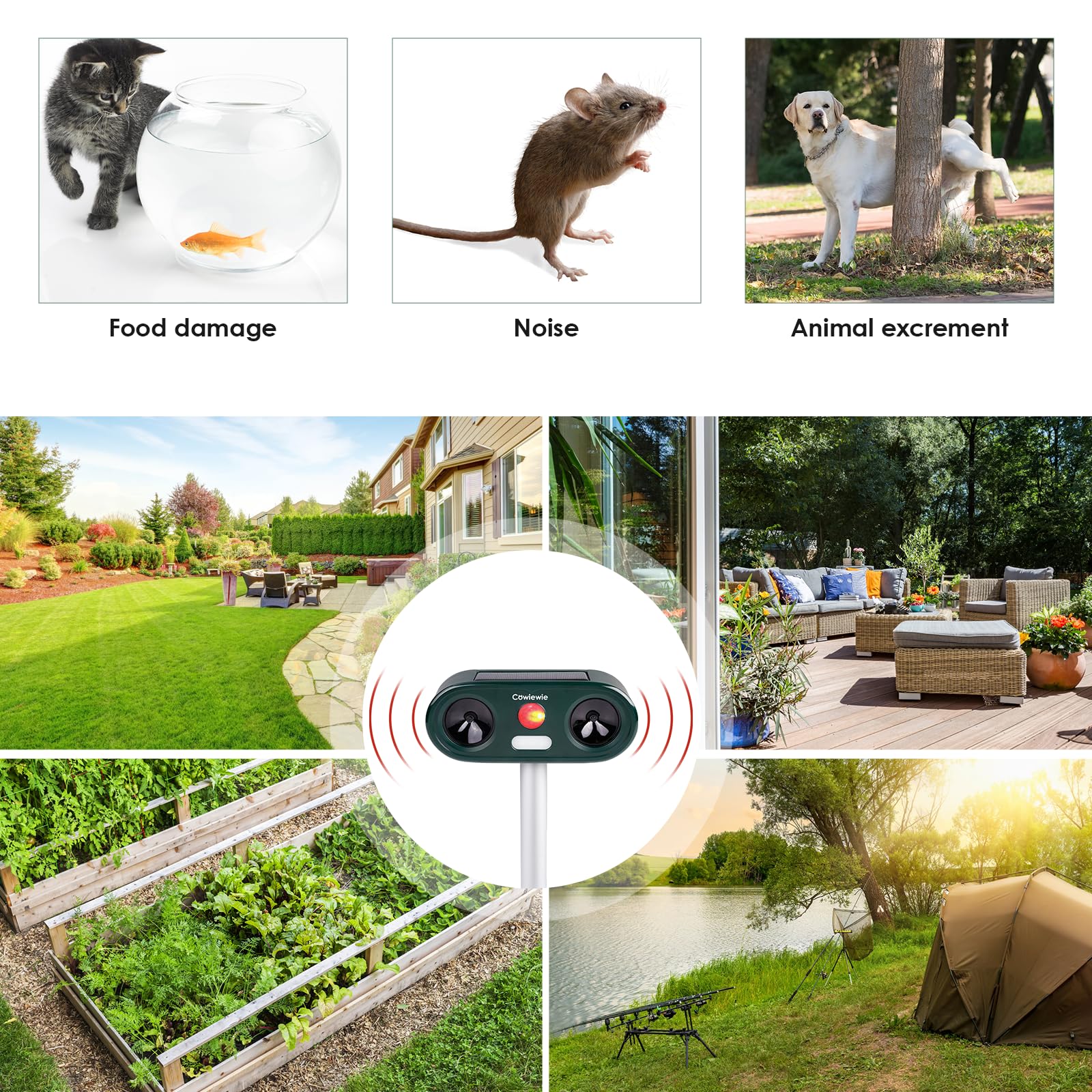 Cowiewie 2 Pièces Répulsif Chat Extérieur Ultrason et Flash LED, Angle de Couverture de 120°, Recharge Solaire et USB, Étanche Repulsif Chat pour Jardins, Champs - Facile à Installer
