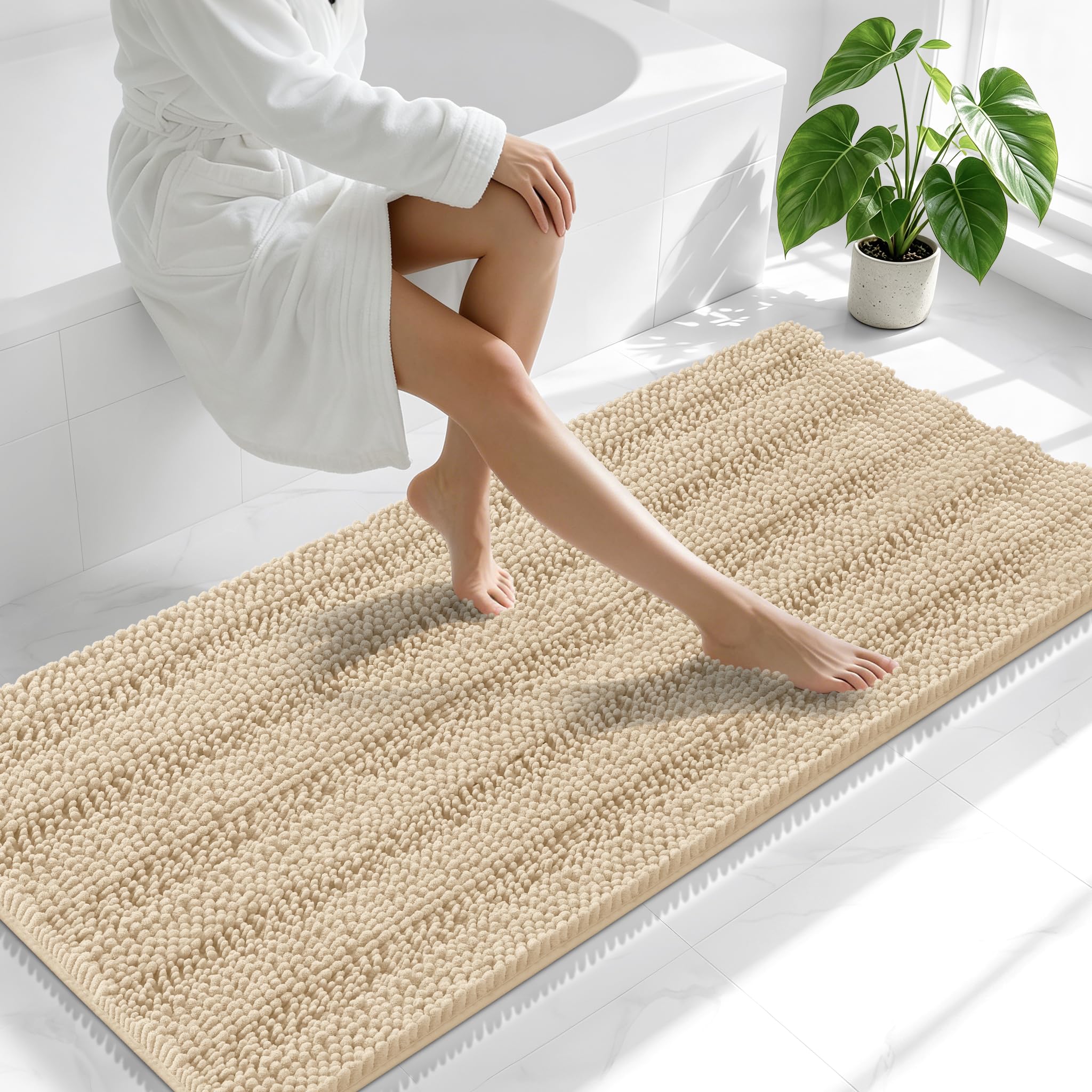 Smiry Thick Chenille Bathroom Runner Rugs 59x24, Absorbent Bath Mat, Beige