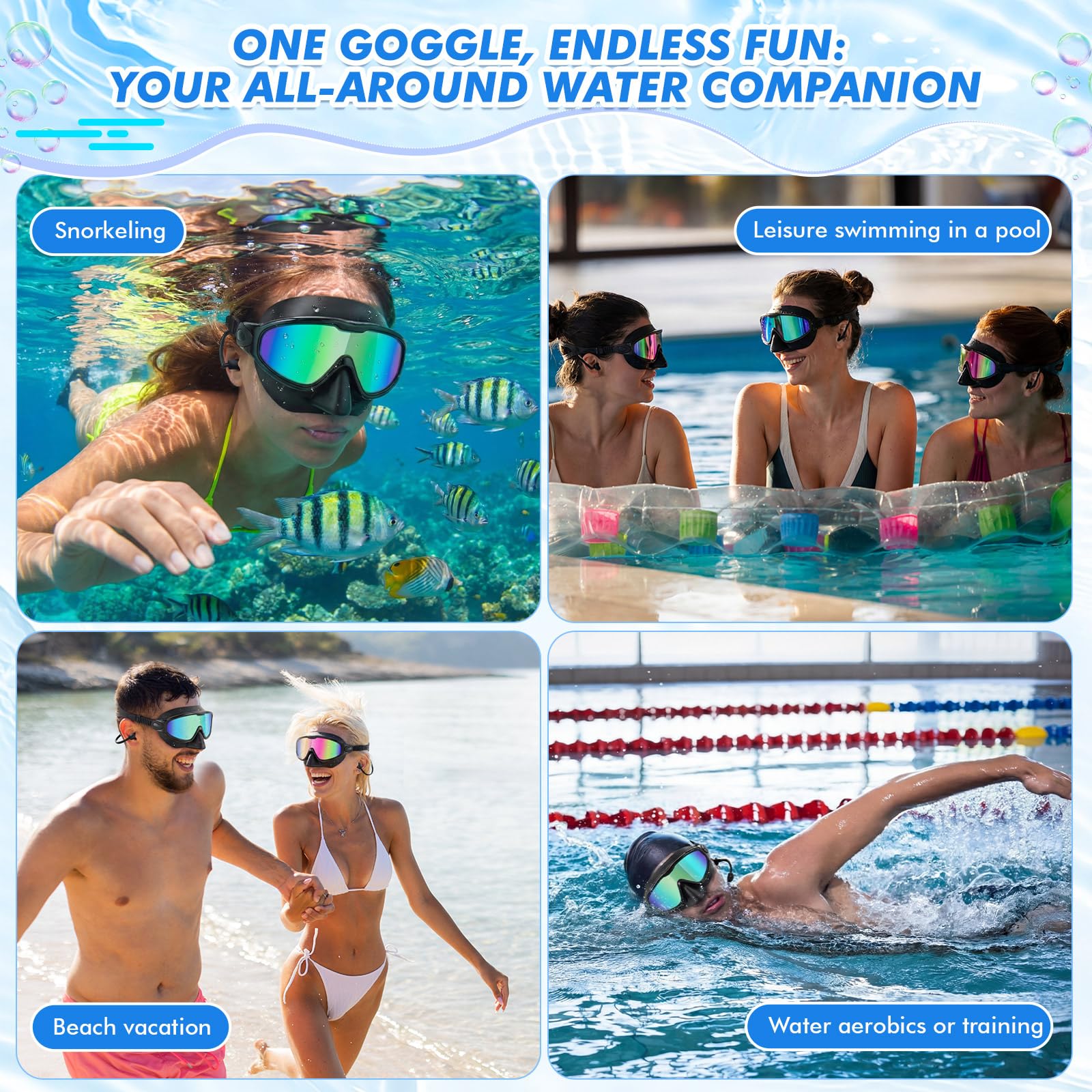 Kanayu Paquete de 2 gafas de natación con cubierta para la nariz, tapones para los oídos para adultos, visión amplia, antivaho, gafas de natación UV, sin fugas, máscara de buceo para hombres y mujeres