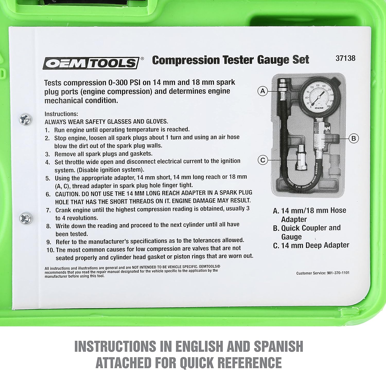 OEMTOOLS 37138 Compression Tester Gauge Set, Compression Tester Automotive, Engine Compression Tester with Flexible Hose, 14mm and 18mm Adapters
