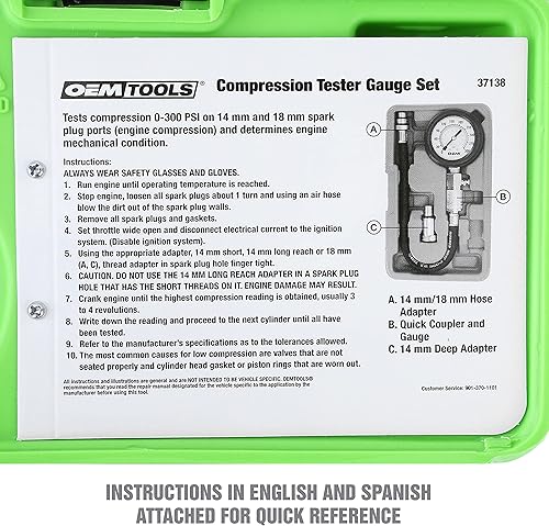 Miniatura 7 de OEMTOOLS 37138 Juego de medidor probador de compresión, probador de compresión automotriz, probador de compresión de motor con manguera flexible,