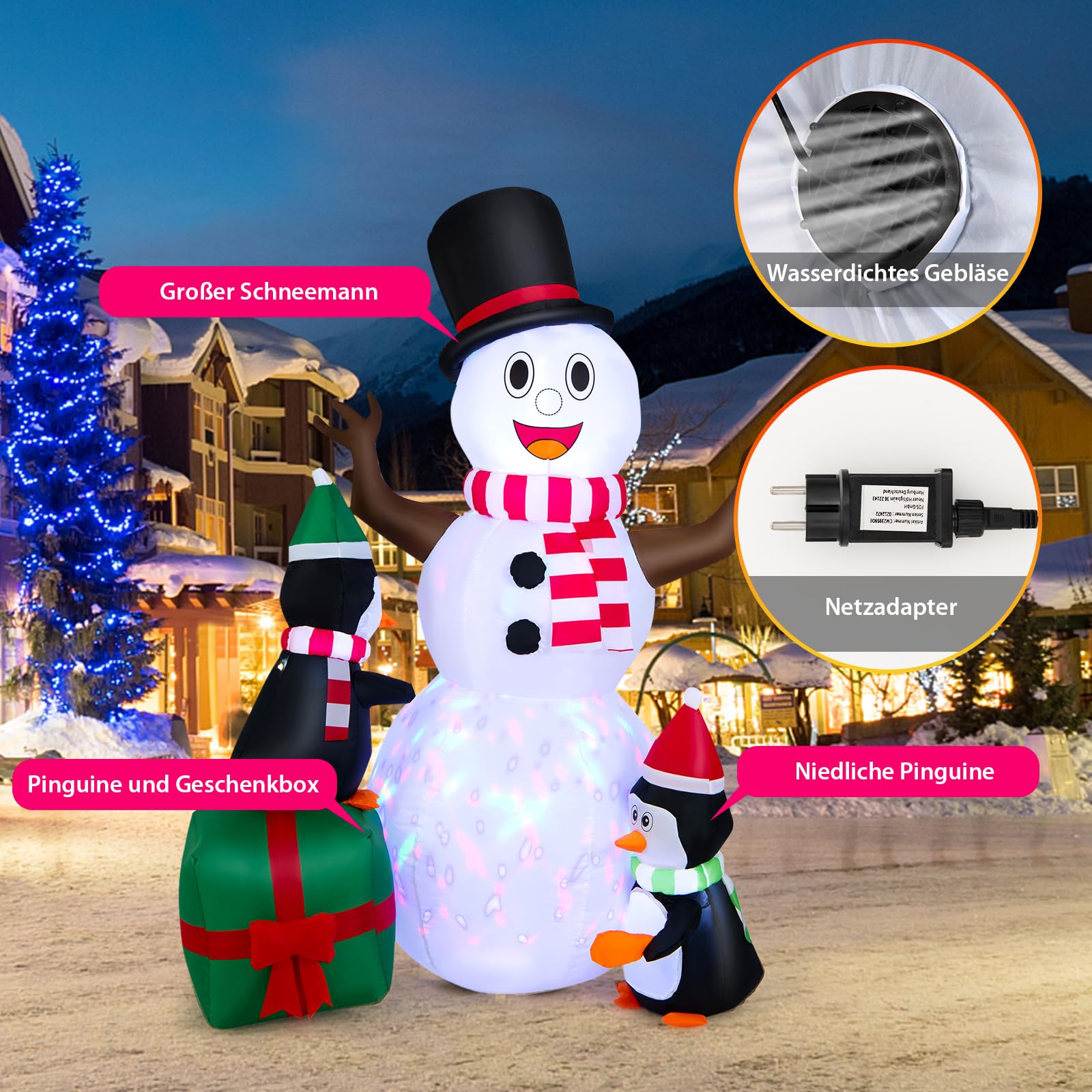 COSTWAY 180CM Aufblasbarer Schneemann mit Pinguinen, Weihnachten Deko draußen XL, Weihnachtsdeko Outdoor mit bunten LED Lichtern, Festdekoration selbstaufblasend