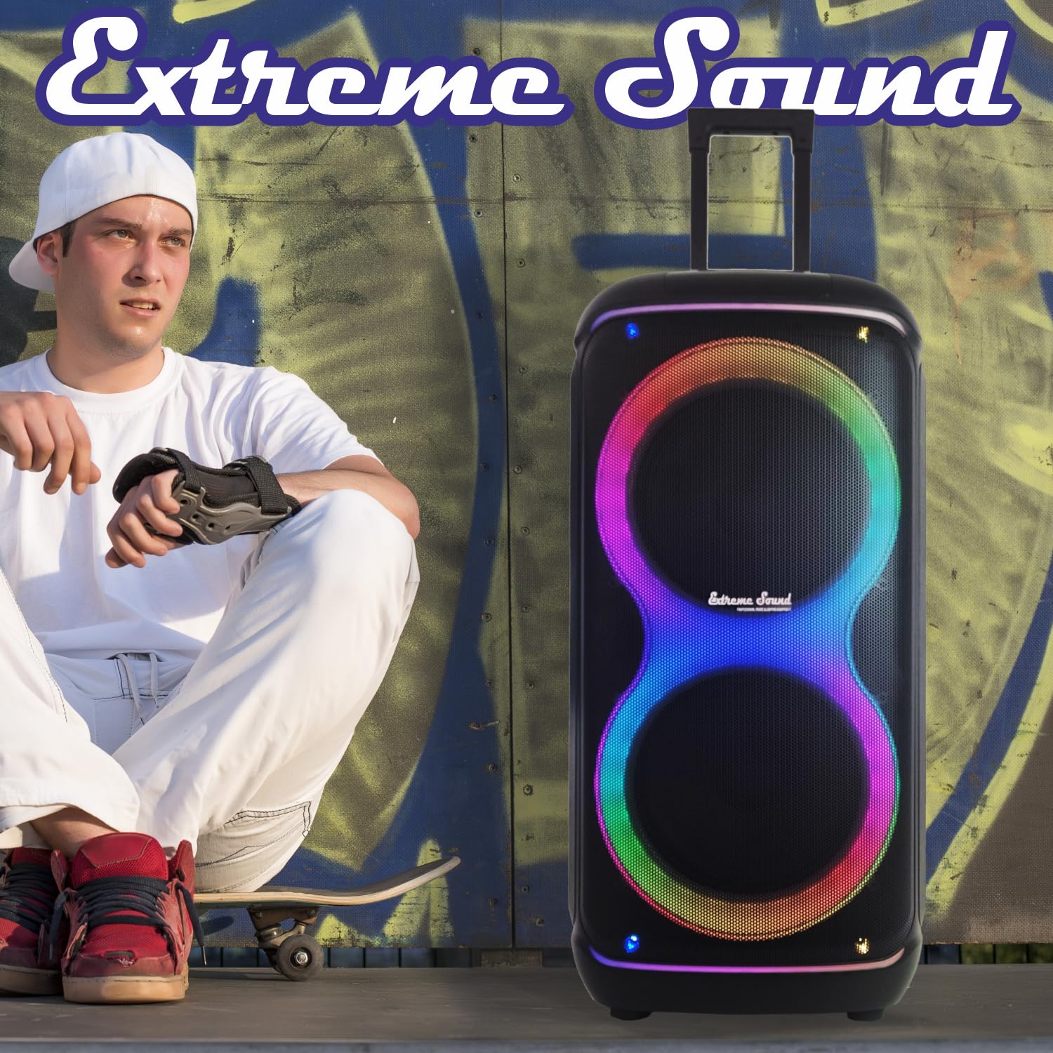 Extreme Sound Cassa audio Trolley doppio Woofer 10" pollici con Microfoni Wireless, Bluetooth, Batteria Ricaricabile Alta Potenza - AMPLIFICATA - Cassa per Eventi - Karaoke e artisti di strada