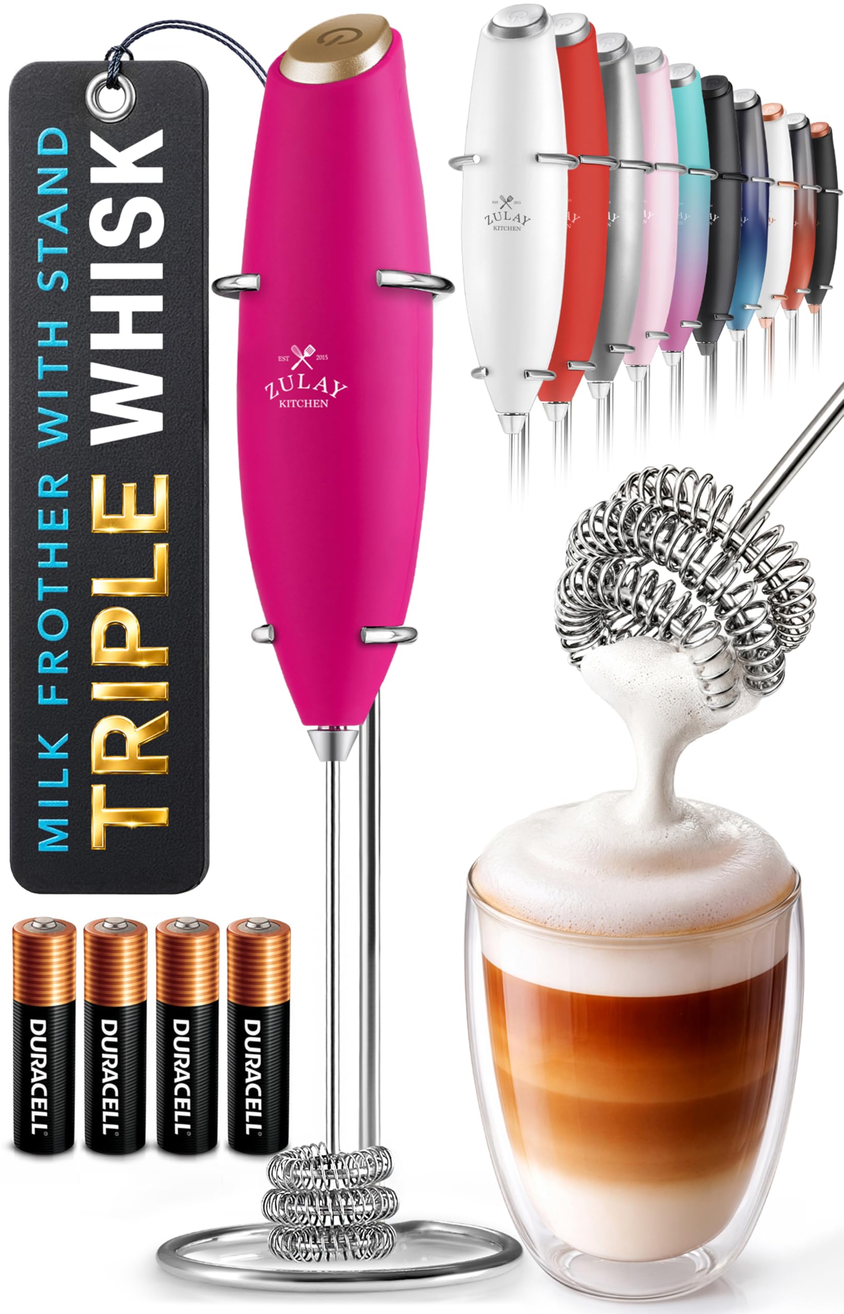 Zulay Kitchen Powerful Milk Frother Wand With Duracell Batteries - Ultra Fast Handheld Drink Mixer - Electric Whisk Foam Maker for Coffee, Lattes, Cappuccino &amp; Matcha - Triple Whisk - Magenta Gold
