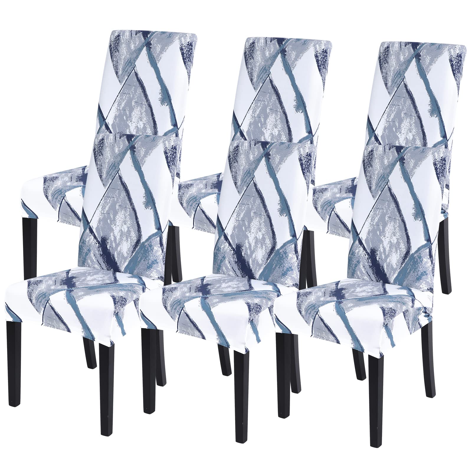 SearchI Printed Dining Room Chair Covers Set of 6, Stretch Kitchen Chair Covers Washable Parsons Chair Slipcover Removable Dining Chair Protectors for Hotel,Ceremony(Blue/White)