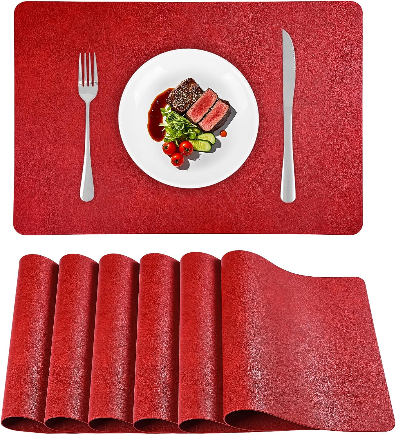 Faux Leather Placemats Set of 6, Washable Place Mats, Vinyl Placemats Wipeable Waterproof Oil-Proof Heat Resistant PU Table Mats for Dining, Kitchen, Hotel(Red)