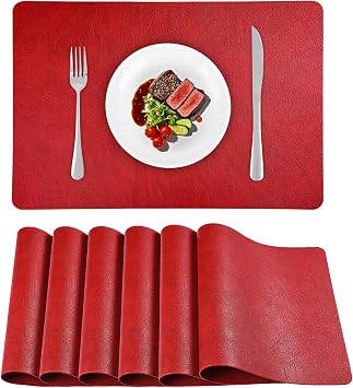 Faux Leather Placemats 16.9 11.8 Inch Washable Table Mats Set of 6 | Heat Resistant Place Mats for Table 6 Waterproof Table Placemats for Kitchen Dining Table Hotel Restaurant 43 30 cm Red