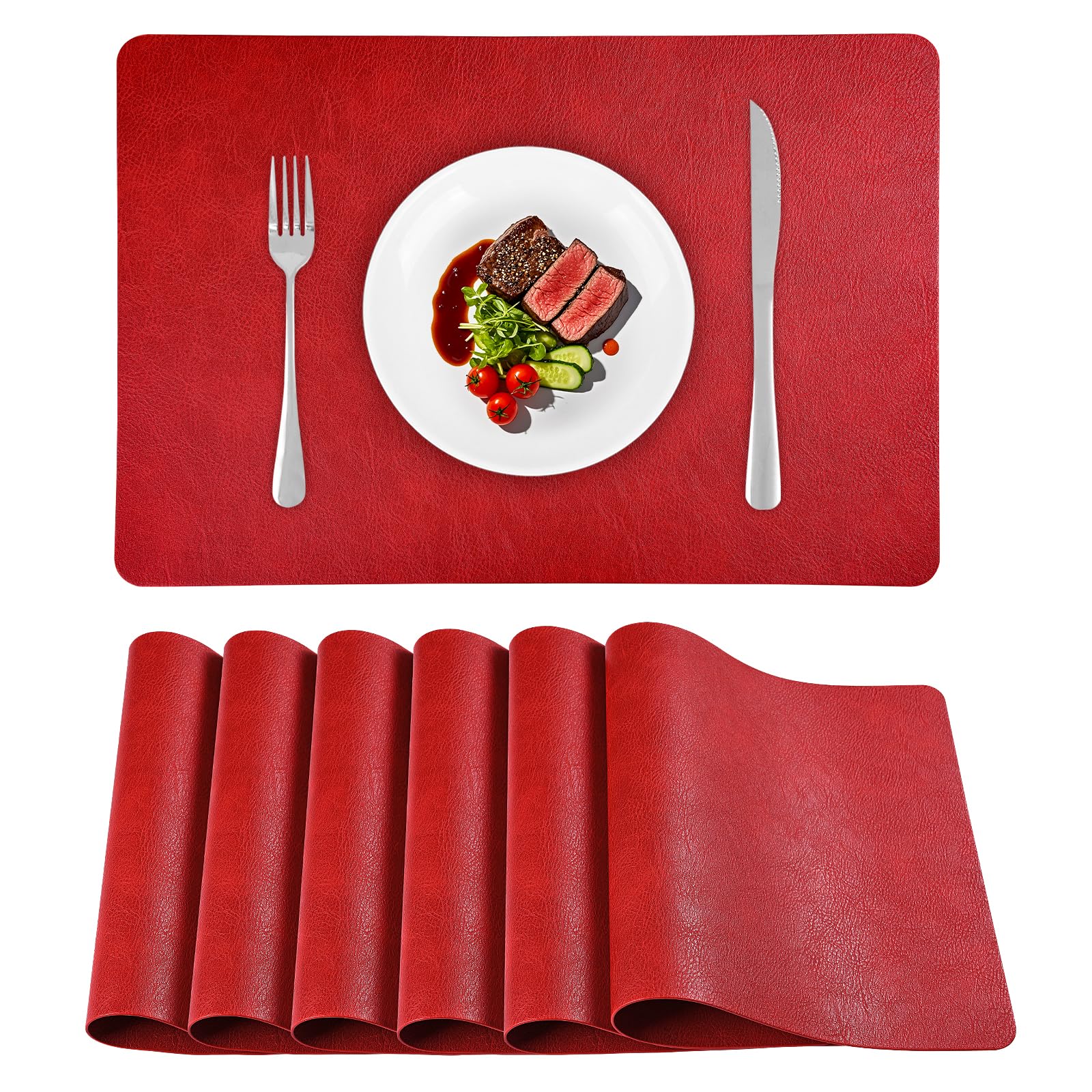 APLKER Tischsets Abwaschbar 6er Set, Doppelseitigen Platzdeckchen Leder Hitzebeständig, Platzsets Abwischbar Lederoptik für küche Speisetisch Hotel, 43 x 30CM (Vintage Rot, Satz von 6)