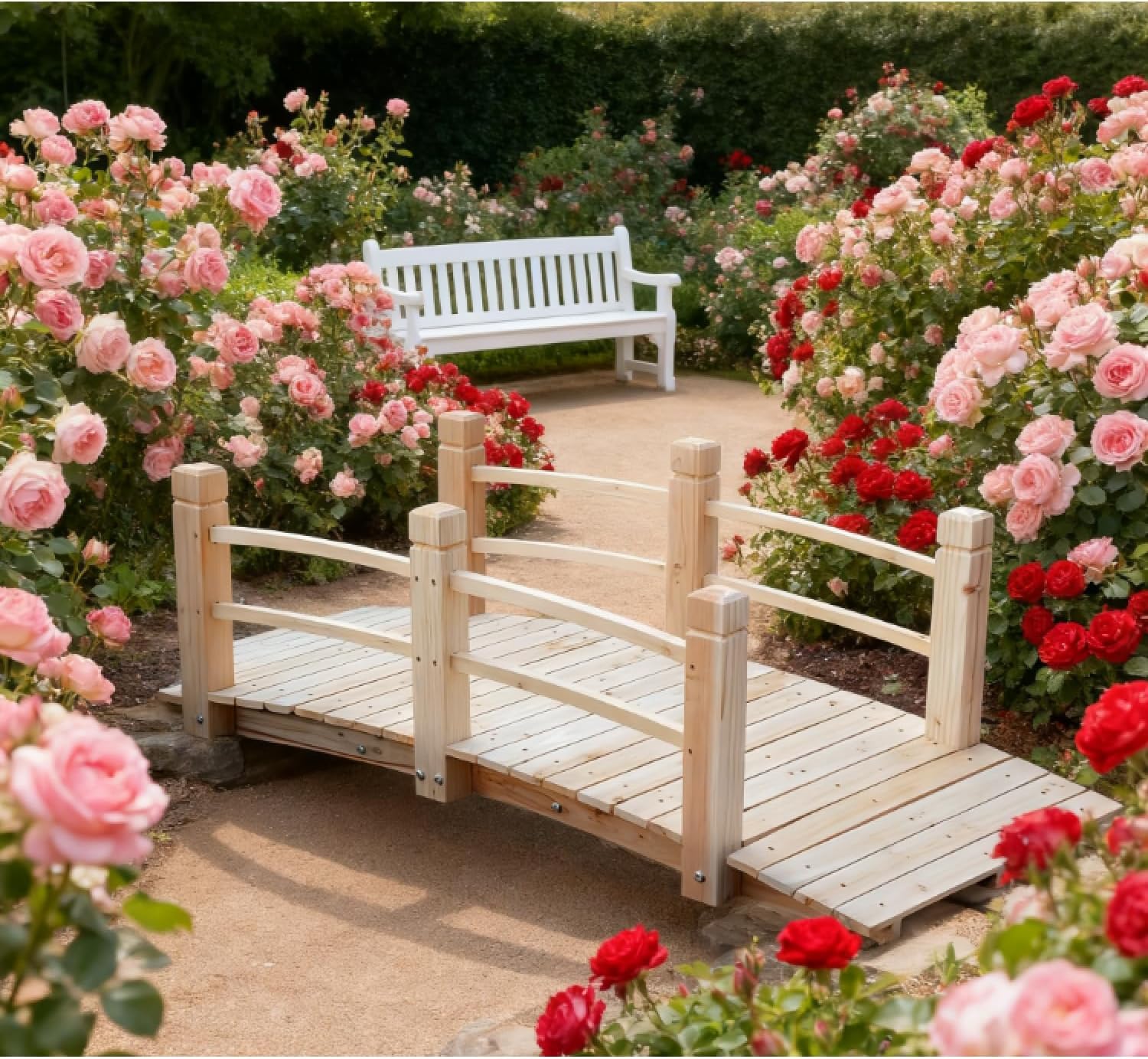 Wooden Garden Bridge Arc Footbridge - Wood - Elegant Arched Design - Outdoor Backyard Small Bridge - Elegant Outdoor Decor