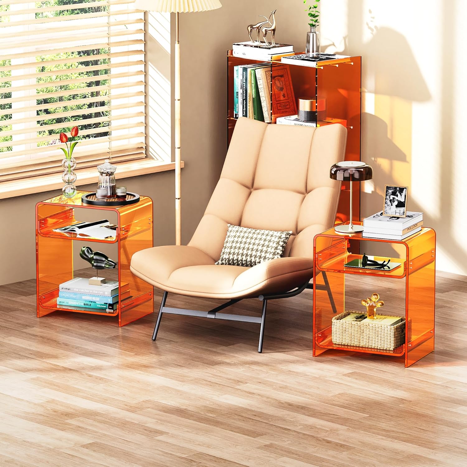Acrylic End Table Record Player Table with Storage Shelf Clear Side Table Nightstand, Orange | Storage Shelf
