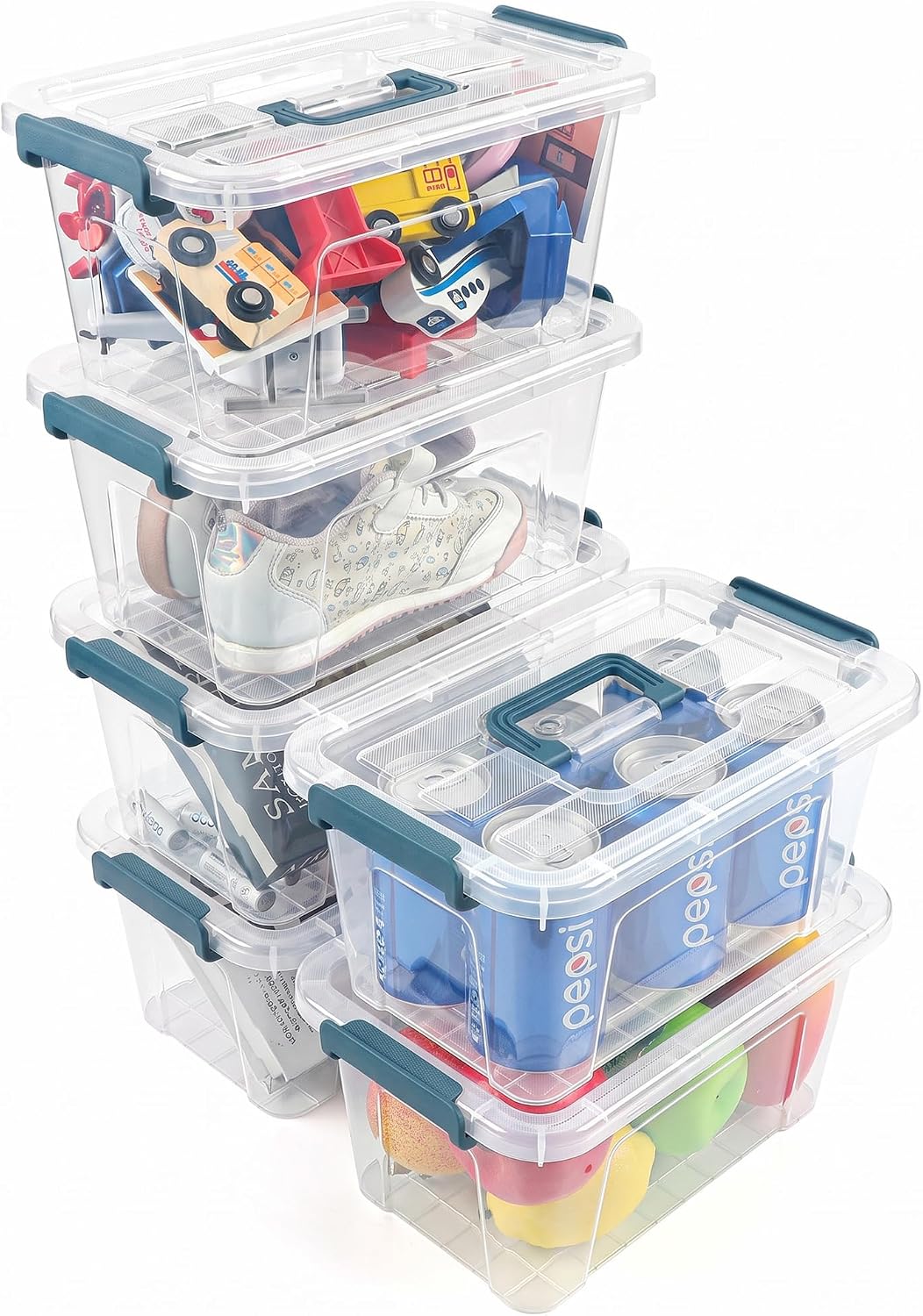 7Qt Storage Bins with Lids,6-Pack Clear Stackable storage containers with lids Buckle Latches.Perfect for LEGO, Crafts, Office Supplies, and Dorm Room Organization，Blue