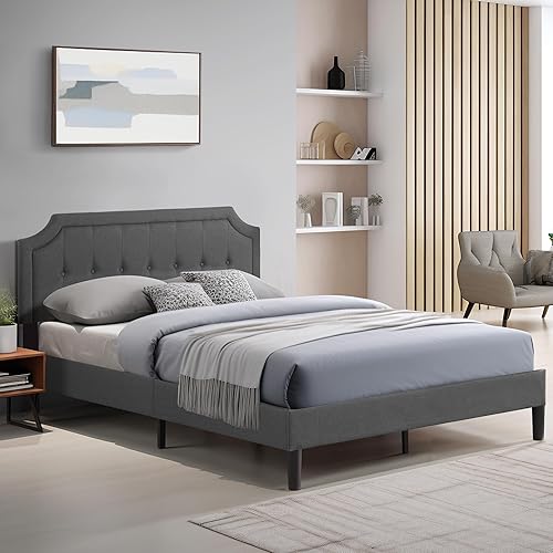 Miniatura 3 de VECELO Base de cama tapizada con cabecera ajustable, soporte de listones de madera, no necesita somier, estilo moderno, tamaño matrimonial