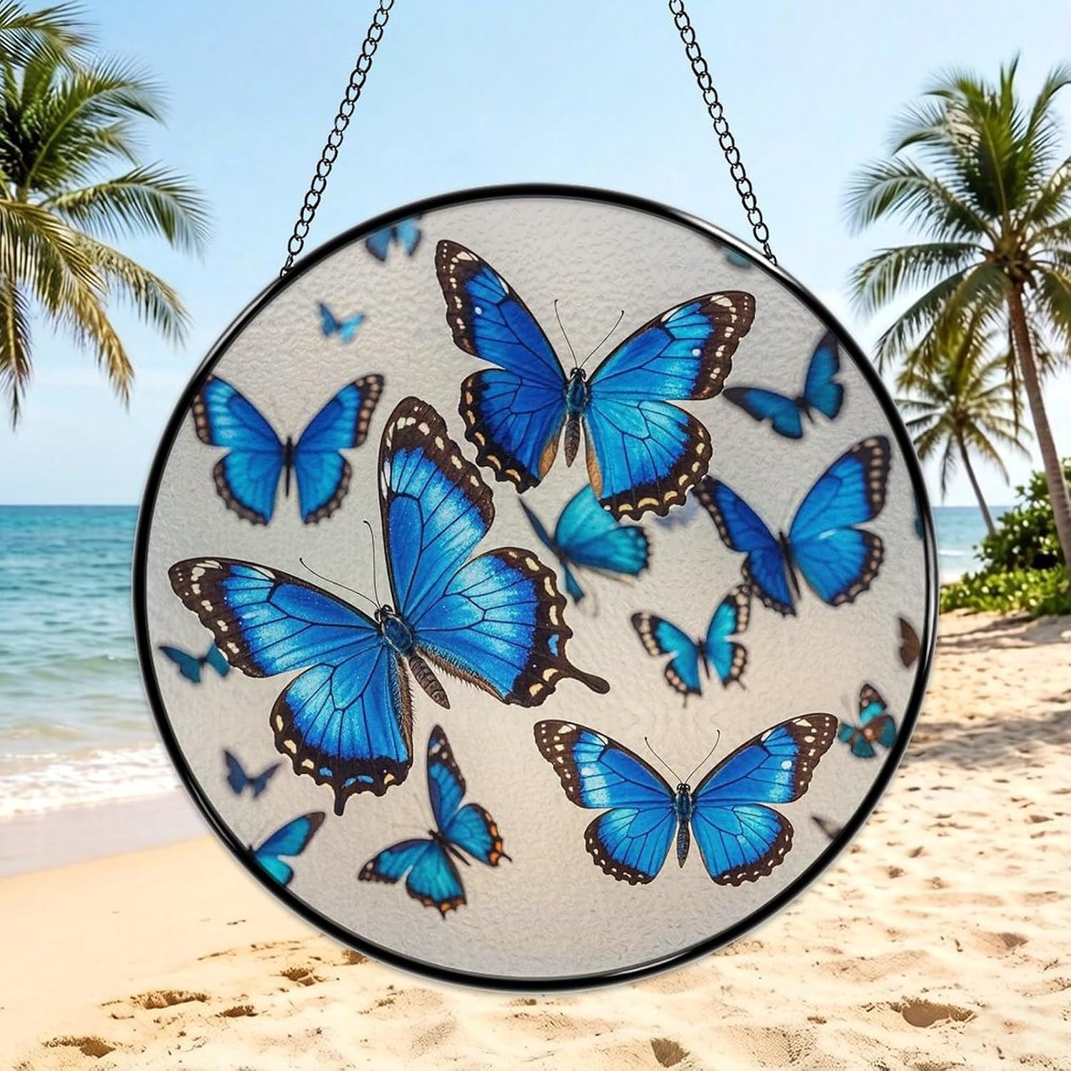 Stained Glass Hanging Sign Suncatcher, Natural Blue Butterfly