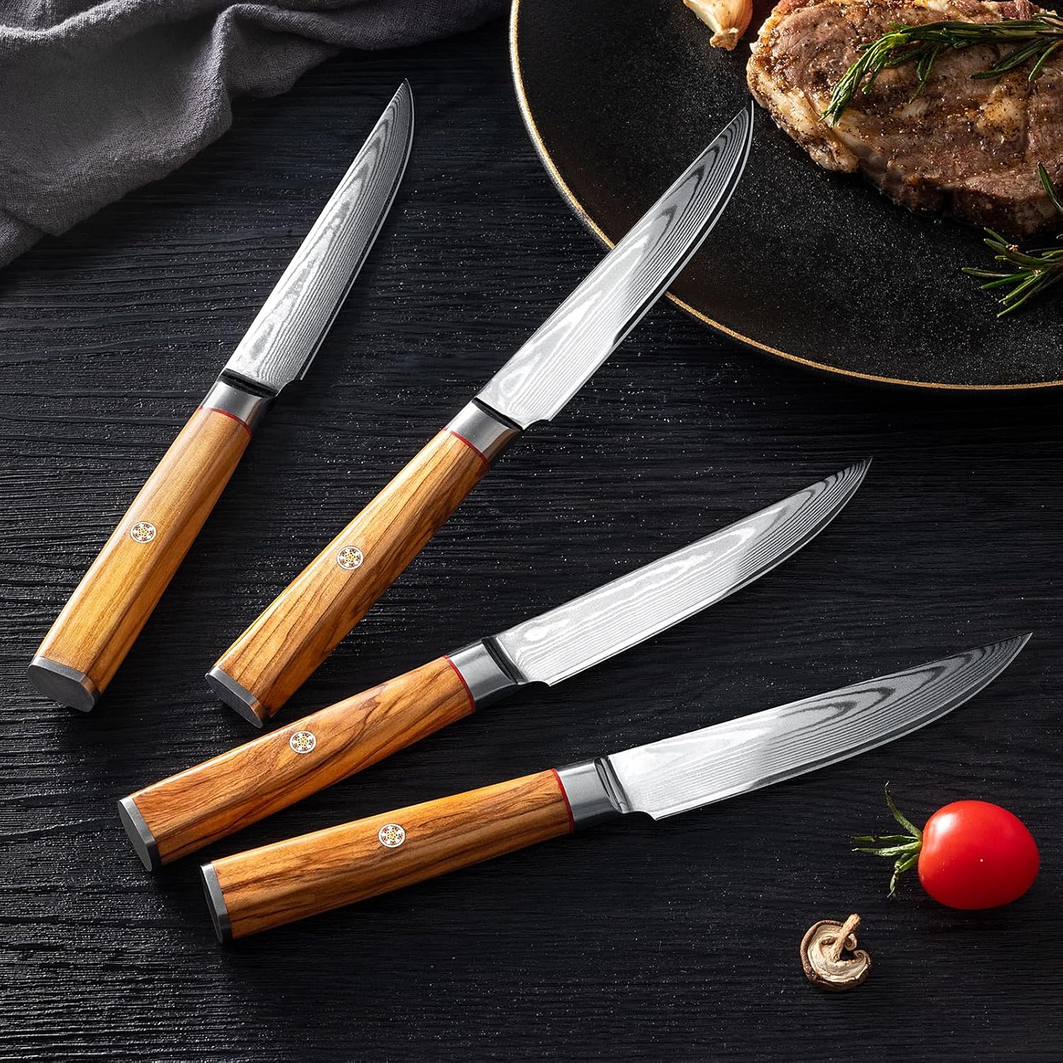 Damascus Steak Knives Set of 4 - Non serrated Steak Knives 5 inch Damascus VG10 Steel 67-Layer - Natural Olive Wood Handle- Exquisite Box