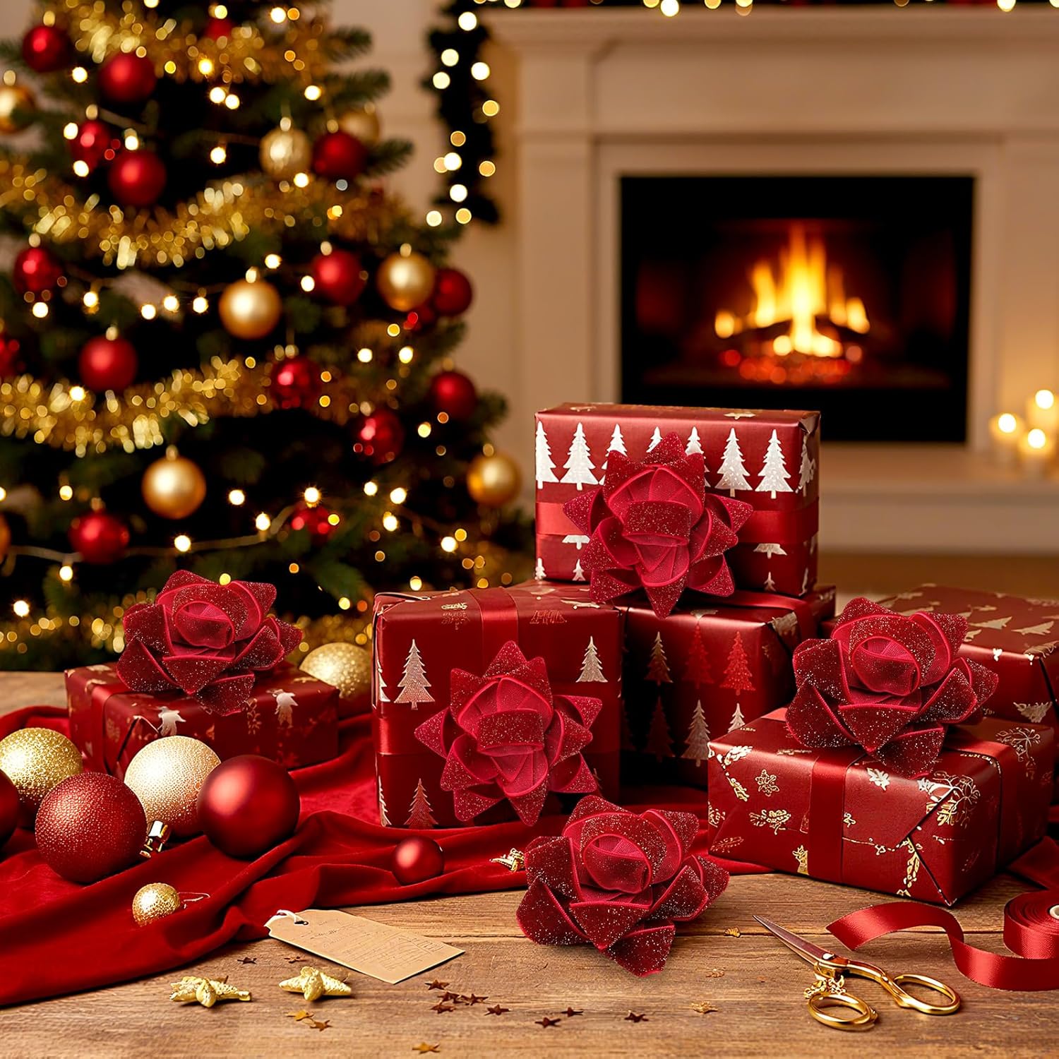 Knitgrip 24 Pcs Christmas Burgundy Red Velvet Gift Bow for Gift Wrapping 2.76'' Christmas Self Adhesive Glitter Ribbon Bows Stick on Flocked for Xmas Present Wrapping Decor Wreaths Tree - Image 5