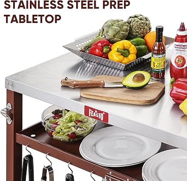 Feasto 3-Shelf Pizza Oven Table, Outdoor Grill Cart, 33.5 x 21.7, Red | Stainless Tabletop with Tank Hook for Pizza Ovens & Griddles, Heavy-Duty Prep Station for Patio BBQ and Deck Parties