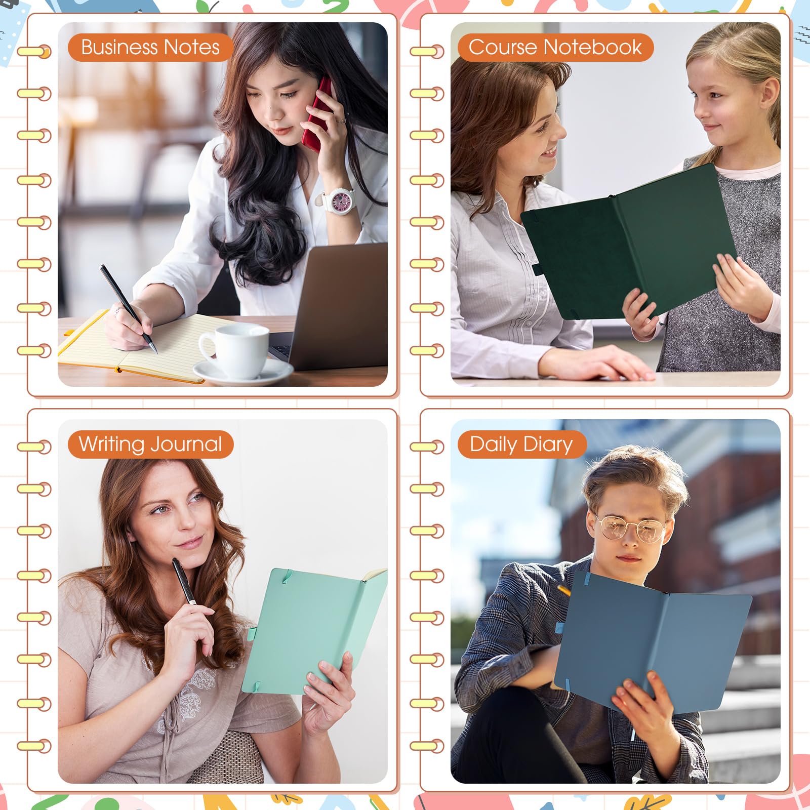 Laumoi Paquete de 14 cuadernos rayados de 5.5 x 8.2 pulgadas, cuaderno de tapa dura A5, bloc de notas con rayas universitarias con soporte para bolígrafo, diarios rayados de piel sintética para