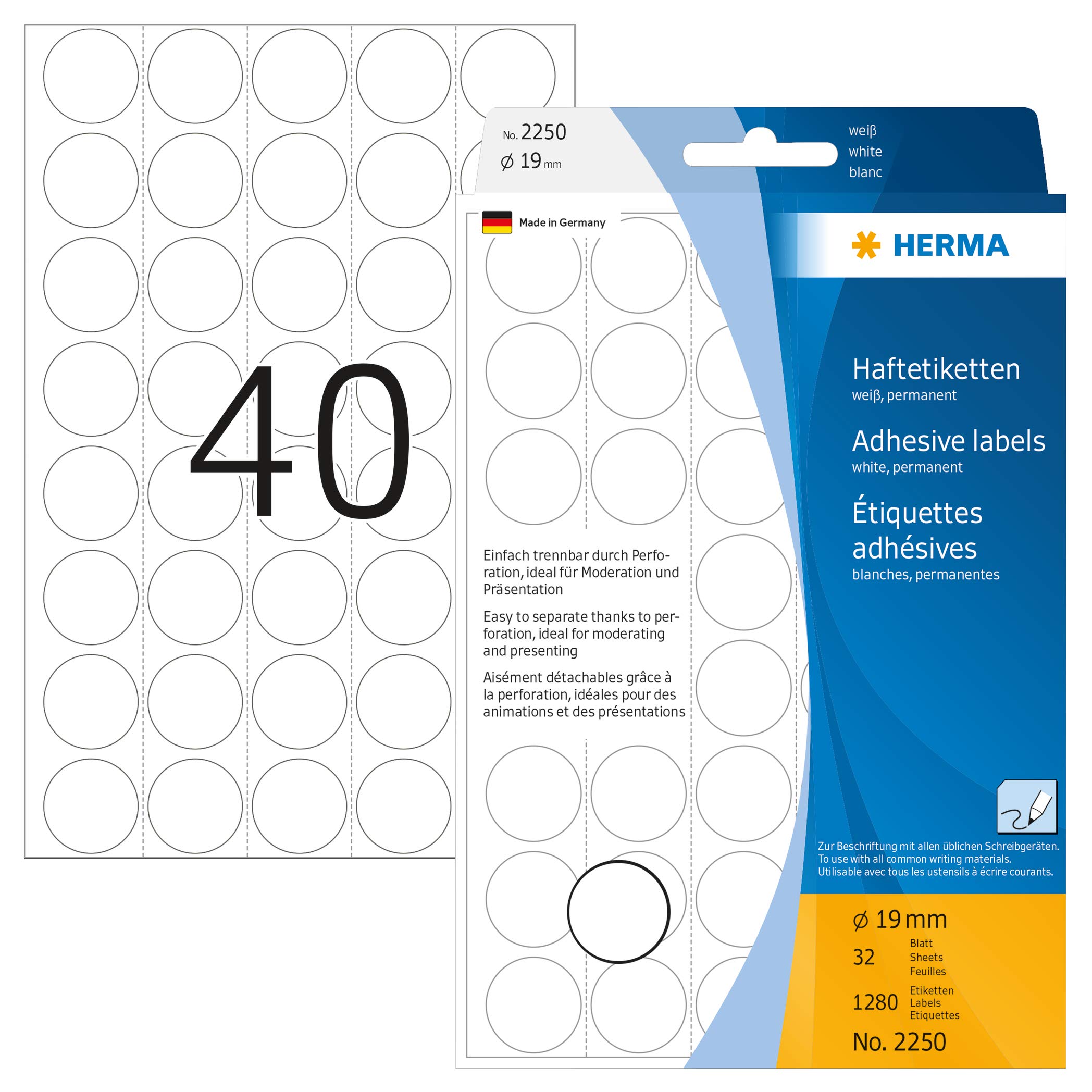 Herma - Permanentklebeetiketten - weiß - 19 mm rund 1280 Etikett(en) (32 Bogen x 40)