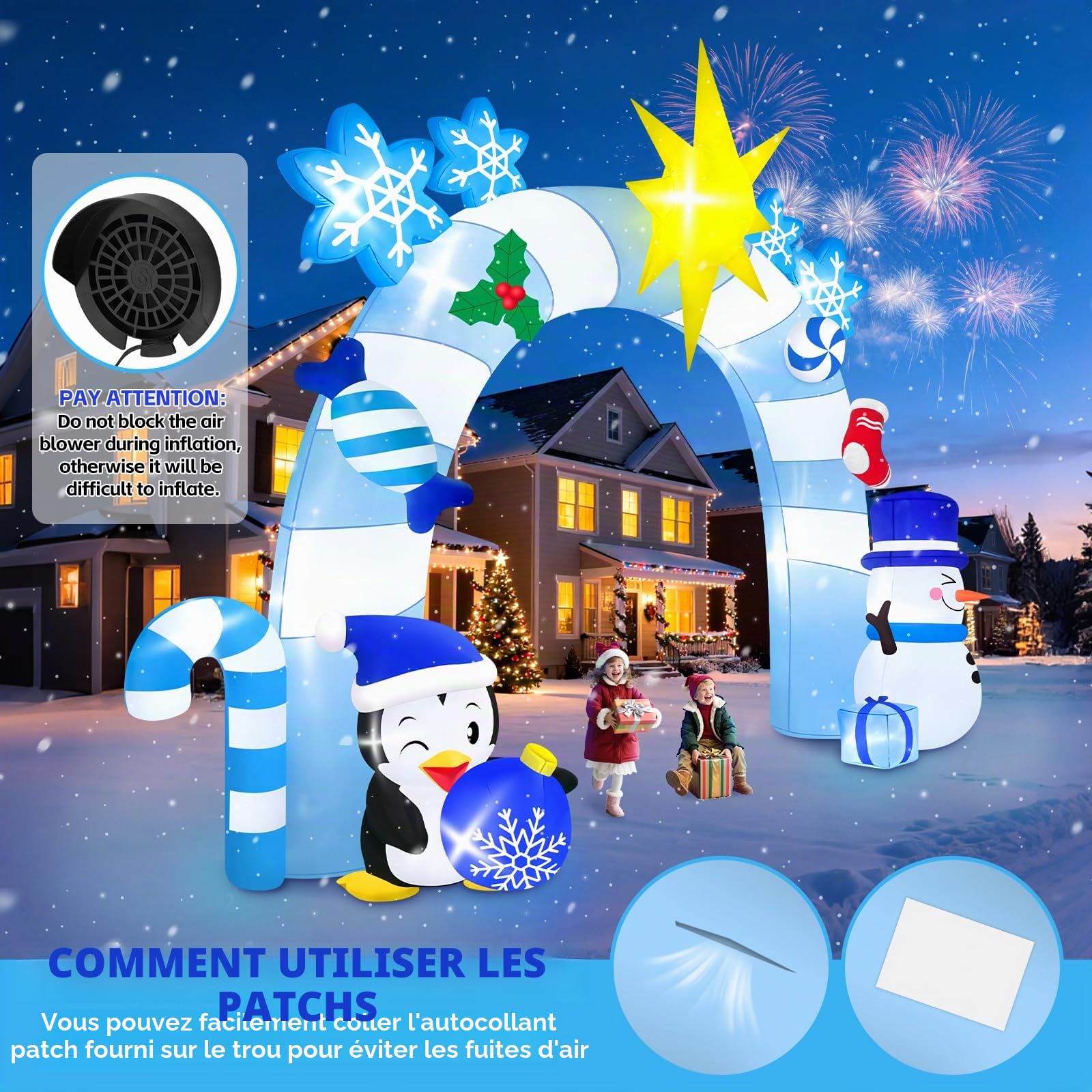 Kalolary 12 Pieds Gonflable de Noël Arcade Hiver Bleu Pingouins | Bonhommes Neige Arche Gonflable Noël Décoration extérieure pour Maison Fête Vacances Pelouse Jardin Centre Commercial Rue