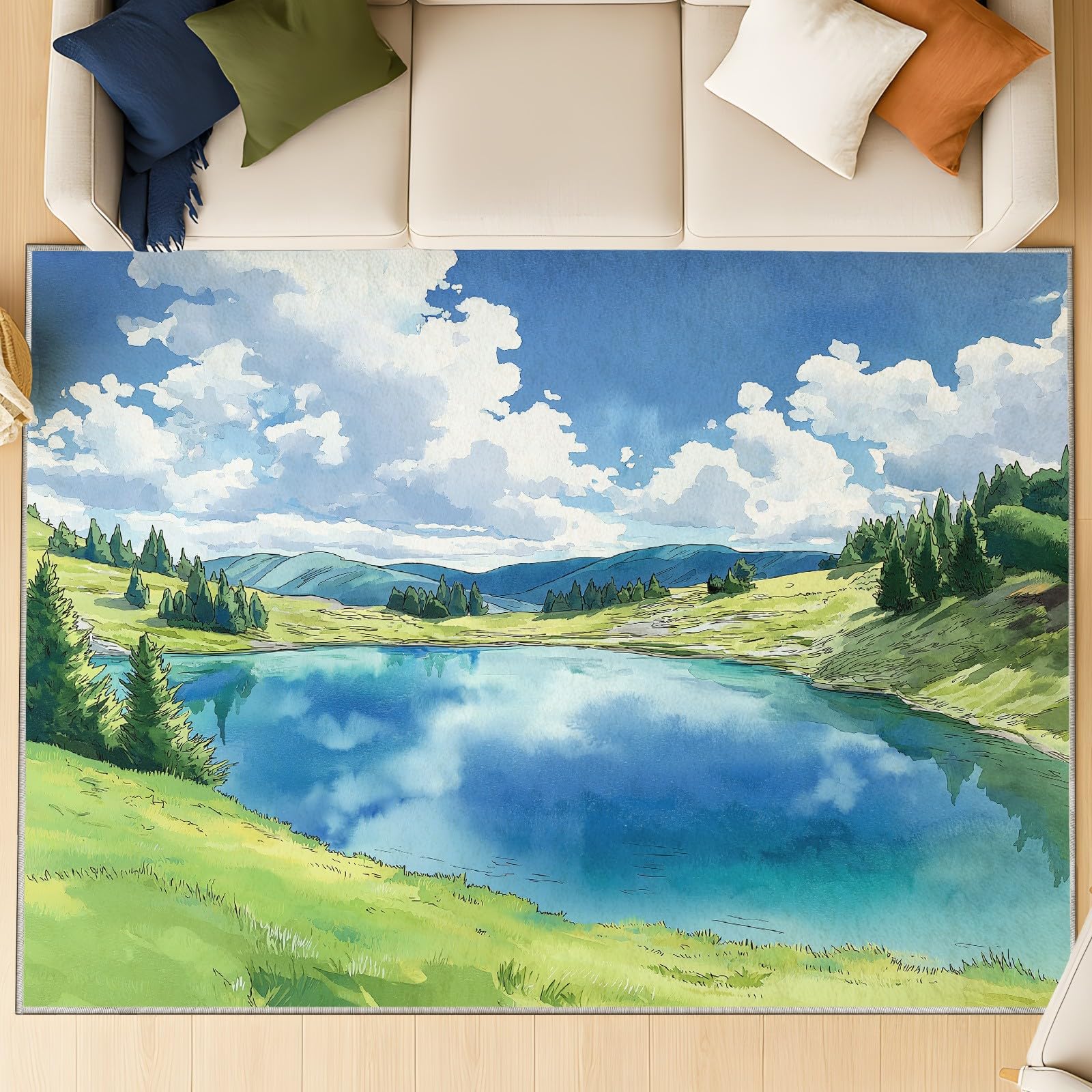 Générique Dywan Manga komiks krajobraz 80 x 150 cm akwarela sypialnia zmywalny dywan miękki antypoślizgowy, dywan z krótkim włosiem z nadrukiem jeziora góry drzewa do salonu dekoracja wejścia sypialni