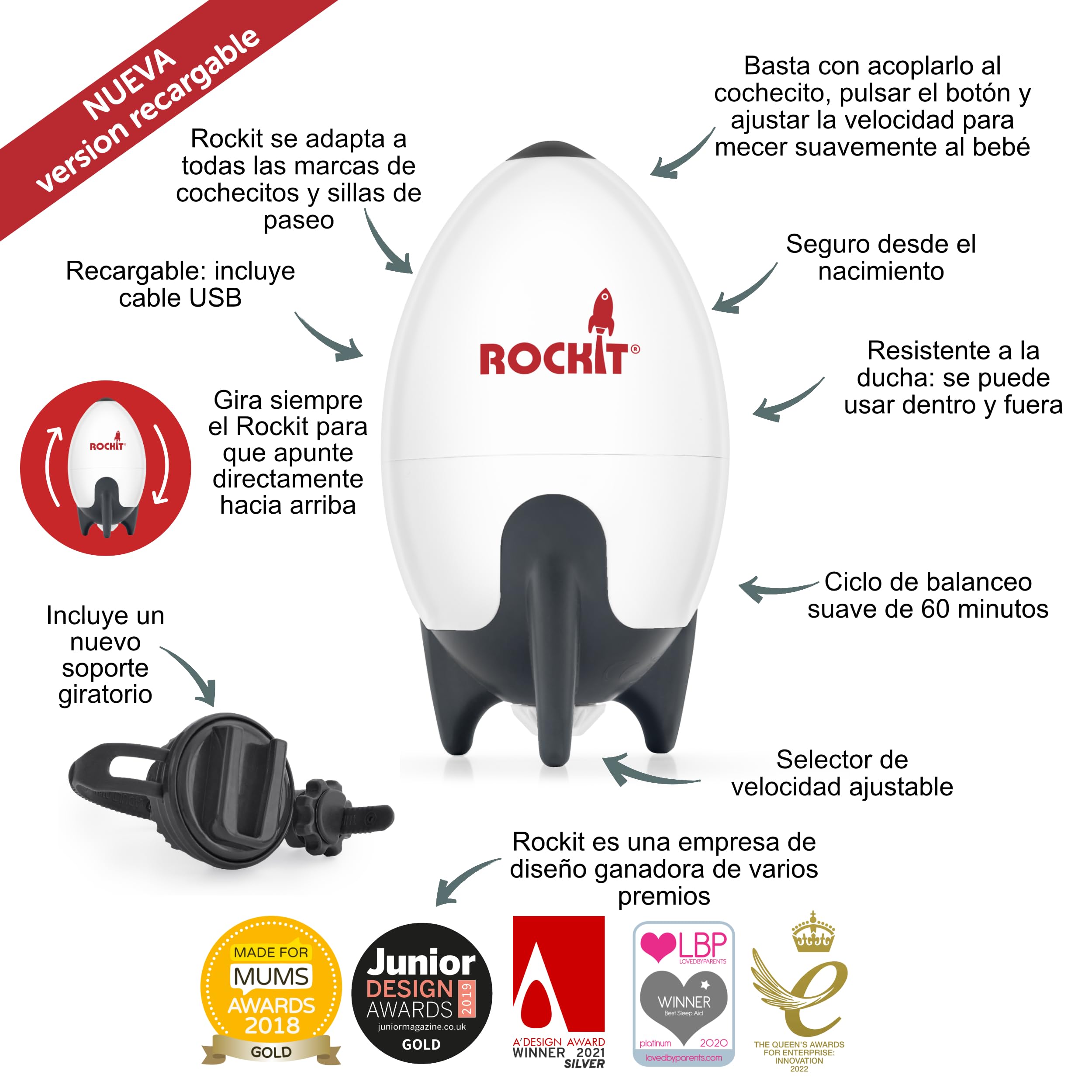 Rockit Rocker recargable – Ayuda para dormir para bebés balancea suavemente cualquier cochecito o cochecito, velocidad ajustable – Se adapta a todos los cochecitos y cochecitos para crear un bebé