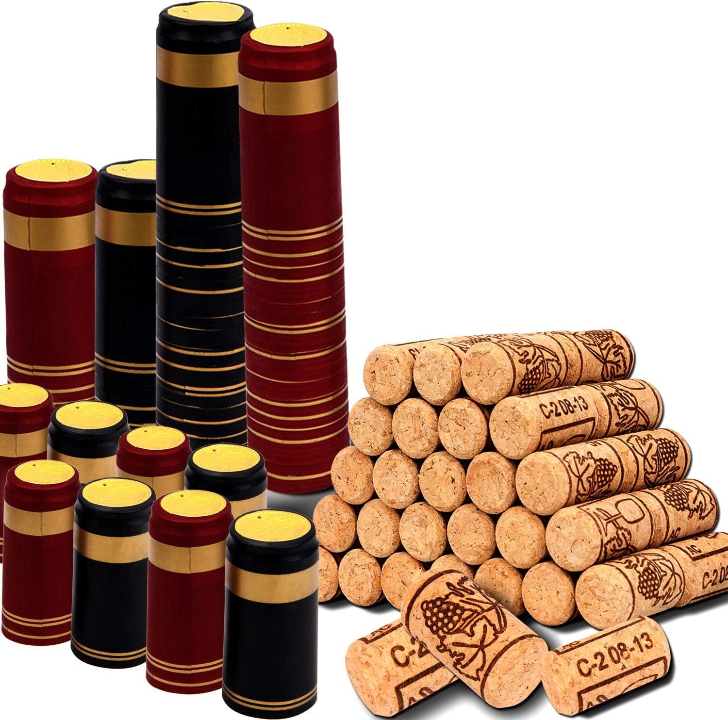 200 Pack Wine Bottle Corks and PVC Heat Shrink Capsules, 100 PCS Natural Wine Corks and 100 PCS 2 Colors Seals for Wine Bottles