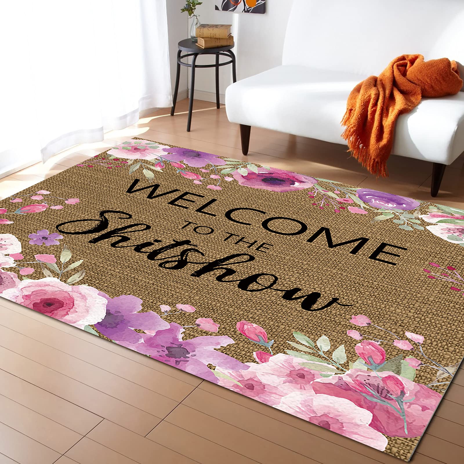 5' x 8' Abstract Modern Art Word Welcome to Shitshow Area Rug,Outdoor Indoor Washable Carpet Area+Rug for Living Room,Kids/Boys/Girls Bedroom,Retro Colorful Flower Watercolor Rustic Burlap Mat