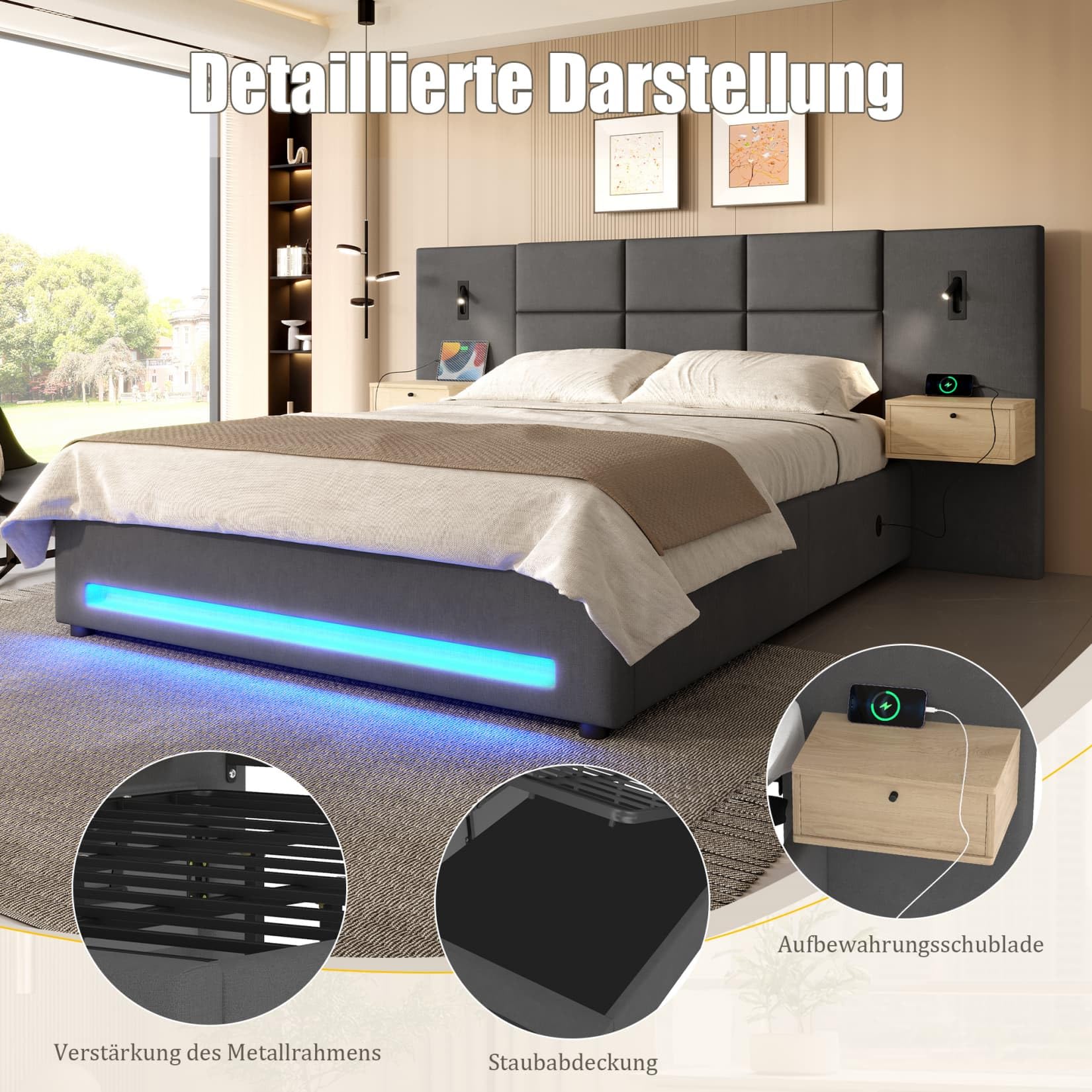 PUGSDRLY Lit 180x200 avec Sommier à Lattes Solide,Lit Coffre 2 Personnes Rembourré avec Tiroirs de Chevet,LED Réglable,Port USB-C,Stockage Hydraulique,pour Ados Adultes(Gris foncé)