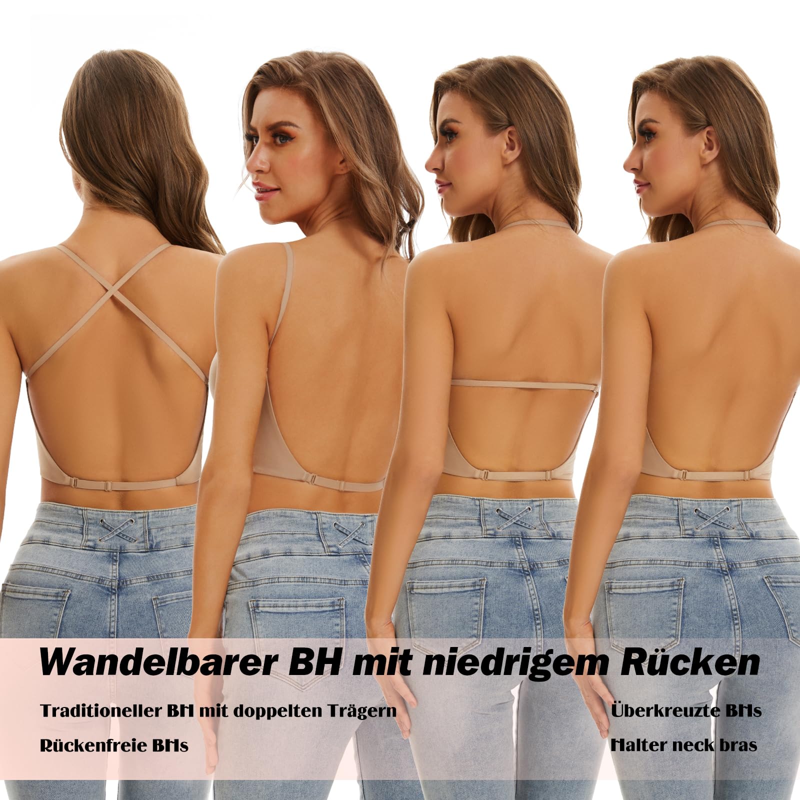 BH mit niedrigem Rücken für Frauen - Push-Up, tiefer V-Ausschnitt, Multiway-Träger, wandelbarer BH mit Draht-Hebe-Effekt