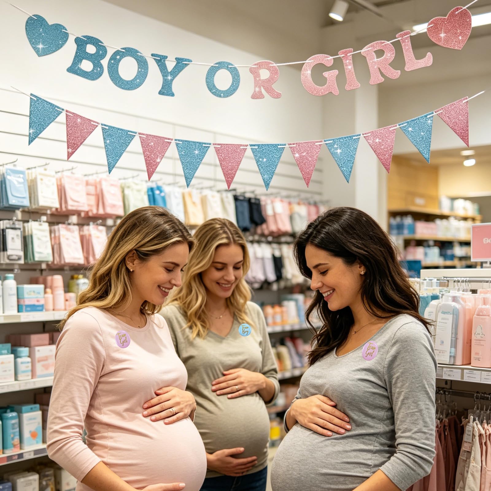Guirlande Gender Reveal 3 m avec Fanions Cœurs 30 Badges Team Boy Girl Décor Rose Bleu Brillant Baby Shower