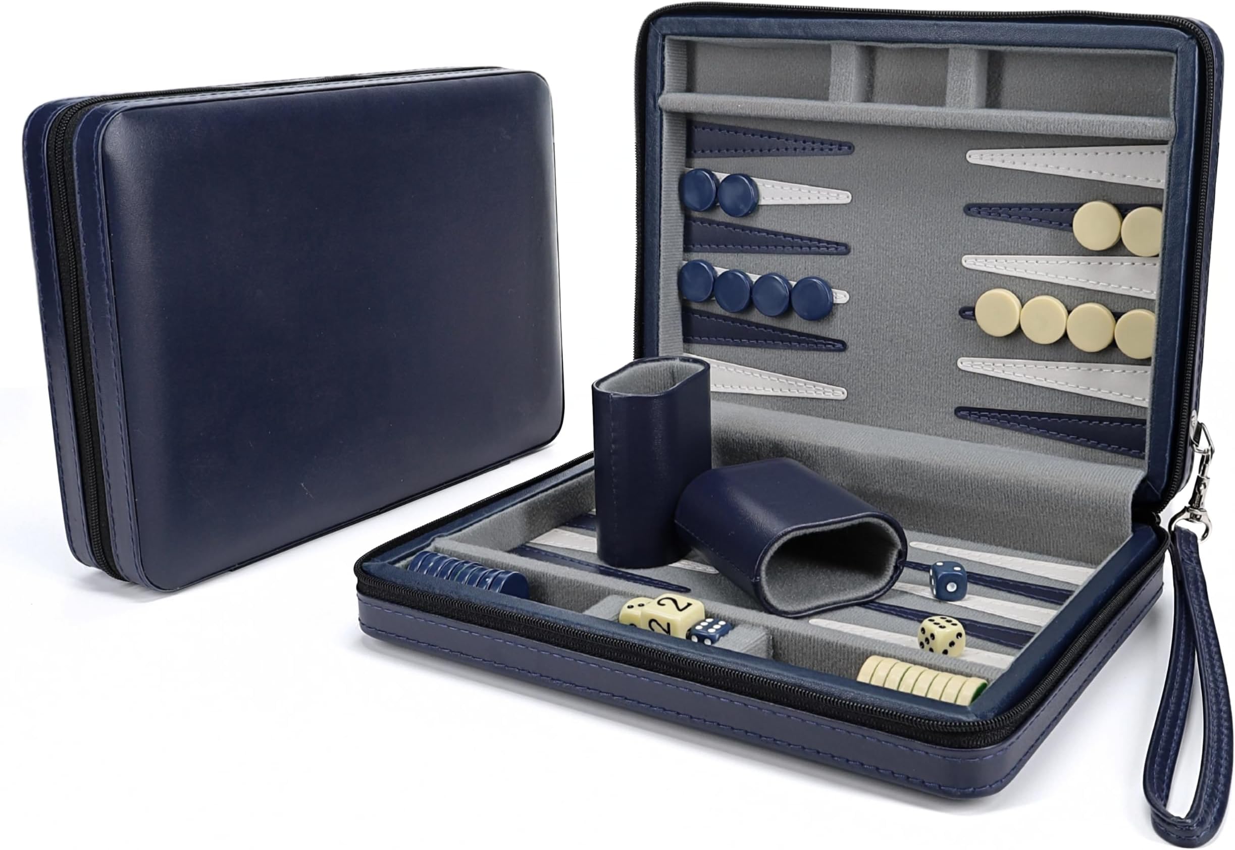 We Games Navy Blue Magnetic Backgammon Set with Carrying Strap Travel Size