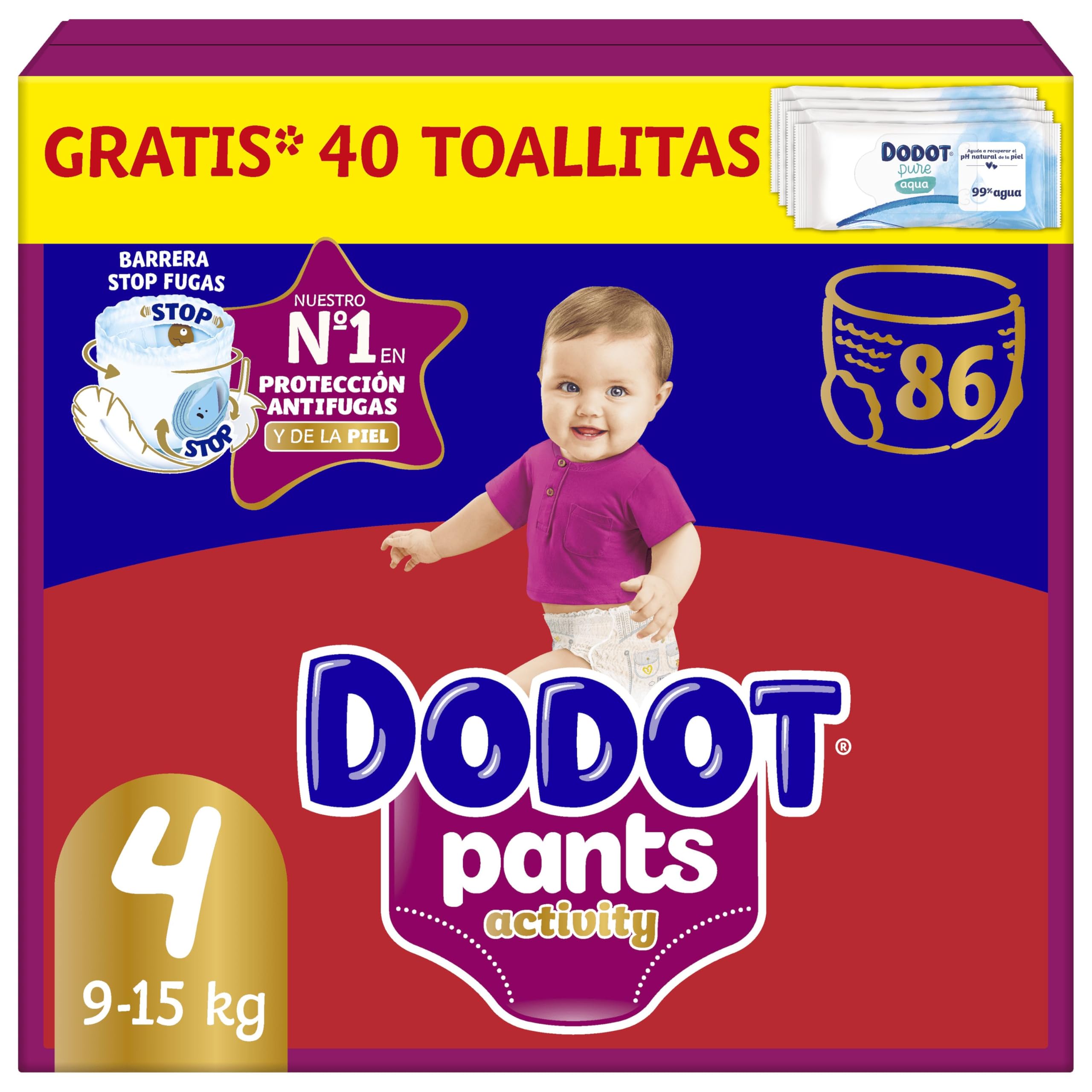 Dodot Pañal-Braguita Activity Pants , Talla 4 (9-15 kg), 86 Pañales + Regalo de 1 Pack de 40 Toallitas, Con Ajuste 360 anti-fugas extra suave
