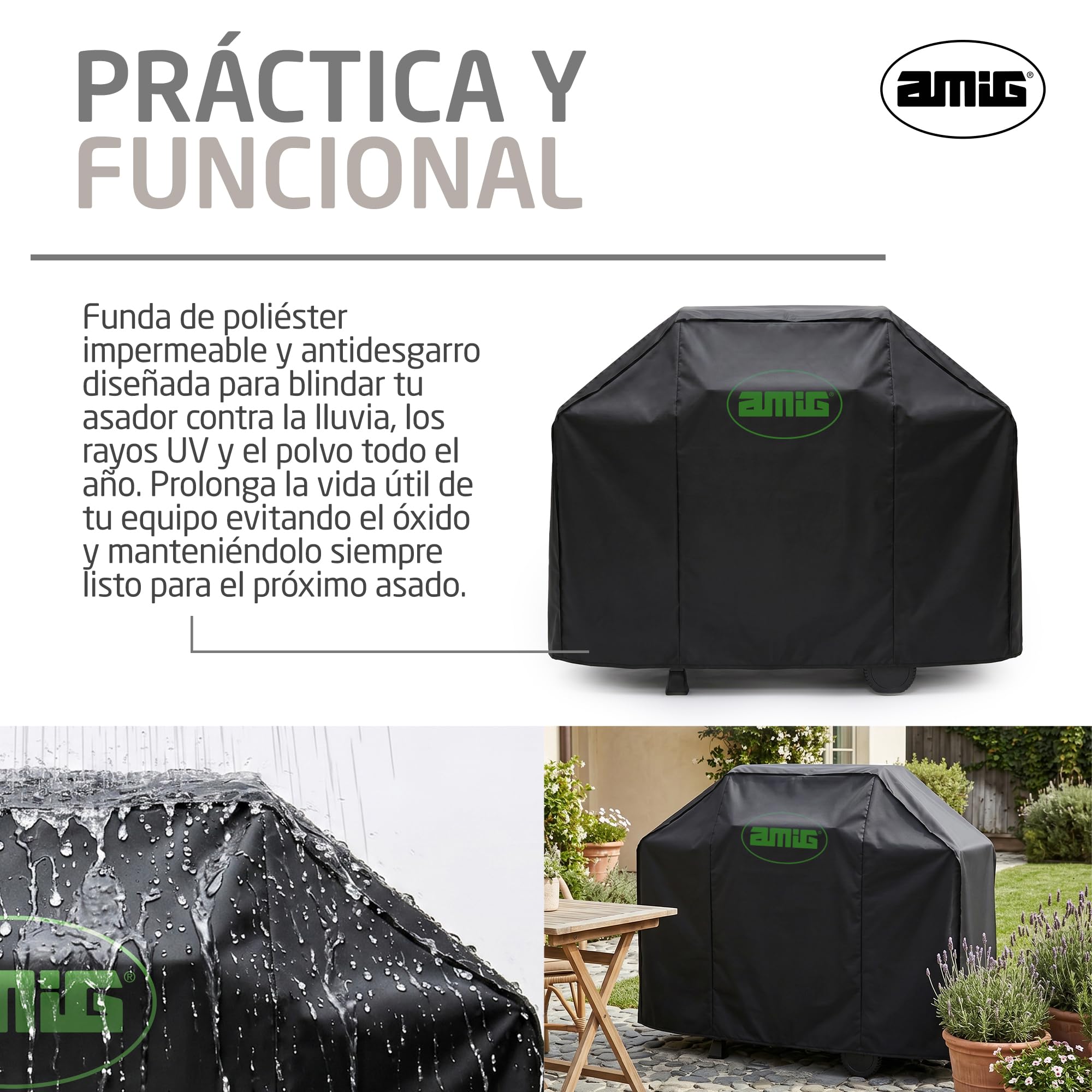 Amig - Funda Barbacoa Exterior Impermeable - 117 x 66 x 117 cm - Negro - Fabricado en Tela Oxford 210D - Tela con Revestimiento Anti-UV - Resistente al Agua, la Lluvia y el Sol. - Mod. AM31