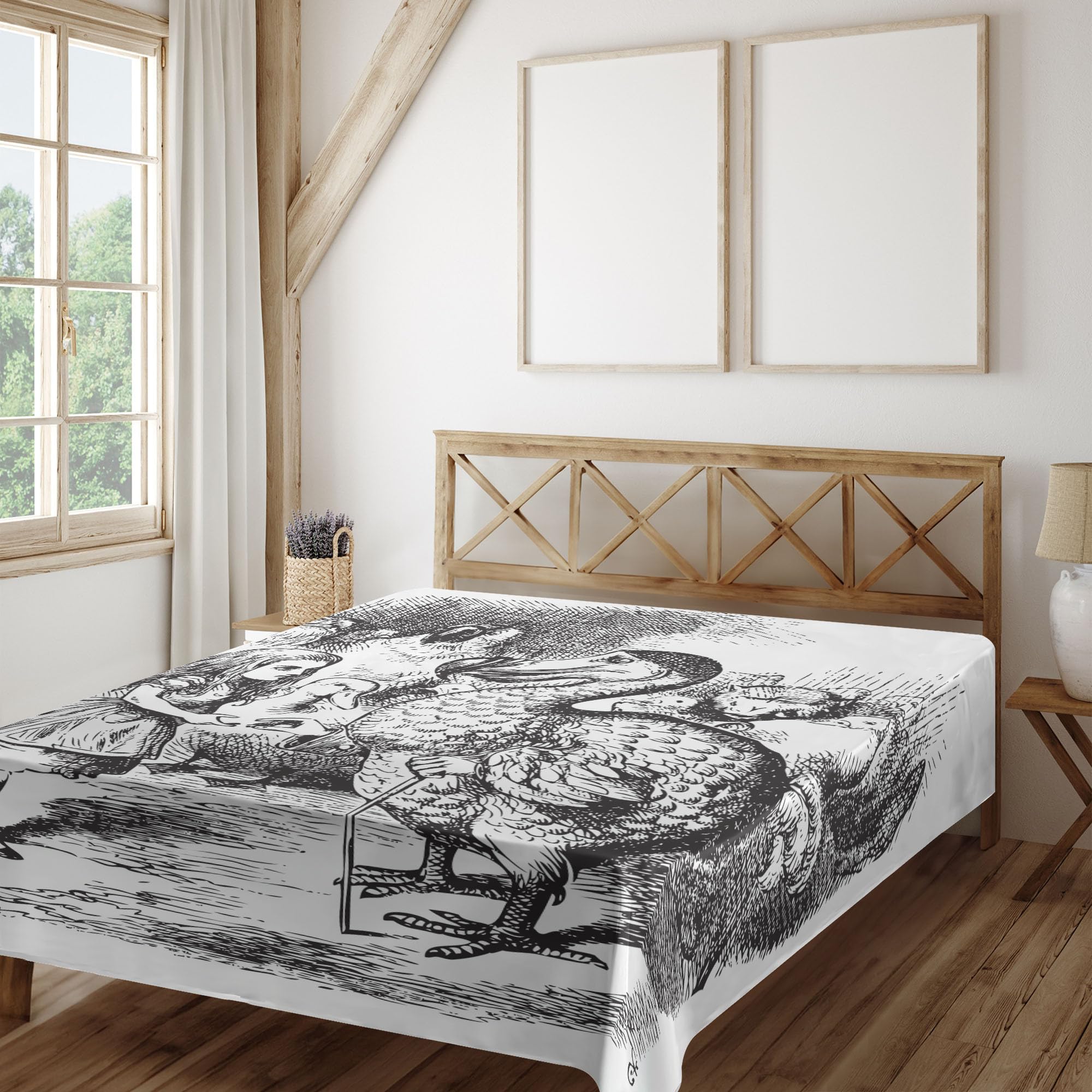 Ambesonne Alice Flat Sheet, Alice in Wonderland with Dodo Animal Adventures Big Bird Sketch Theme, Soft Comfortable Top Sheet Decorative Bedding 1 Piece, Queen Size, White and Black