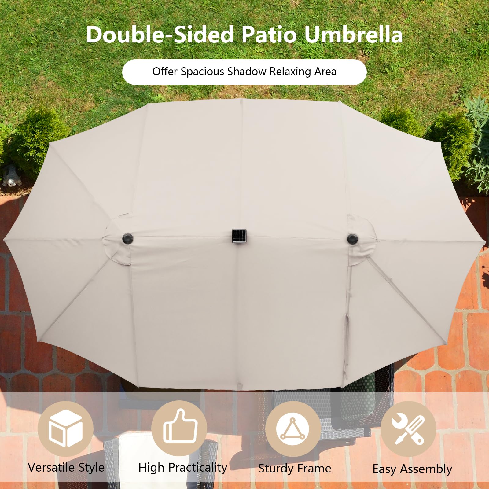 KOMFOTTEU Ombrellone da giardino doppio con 48 luci a LED, 450 x 260 cm, ombrellone rettangolare UPF 50+, grande ombrellone pieghevole per patio, piscina, terrazza, caffè, cortile