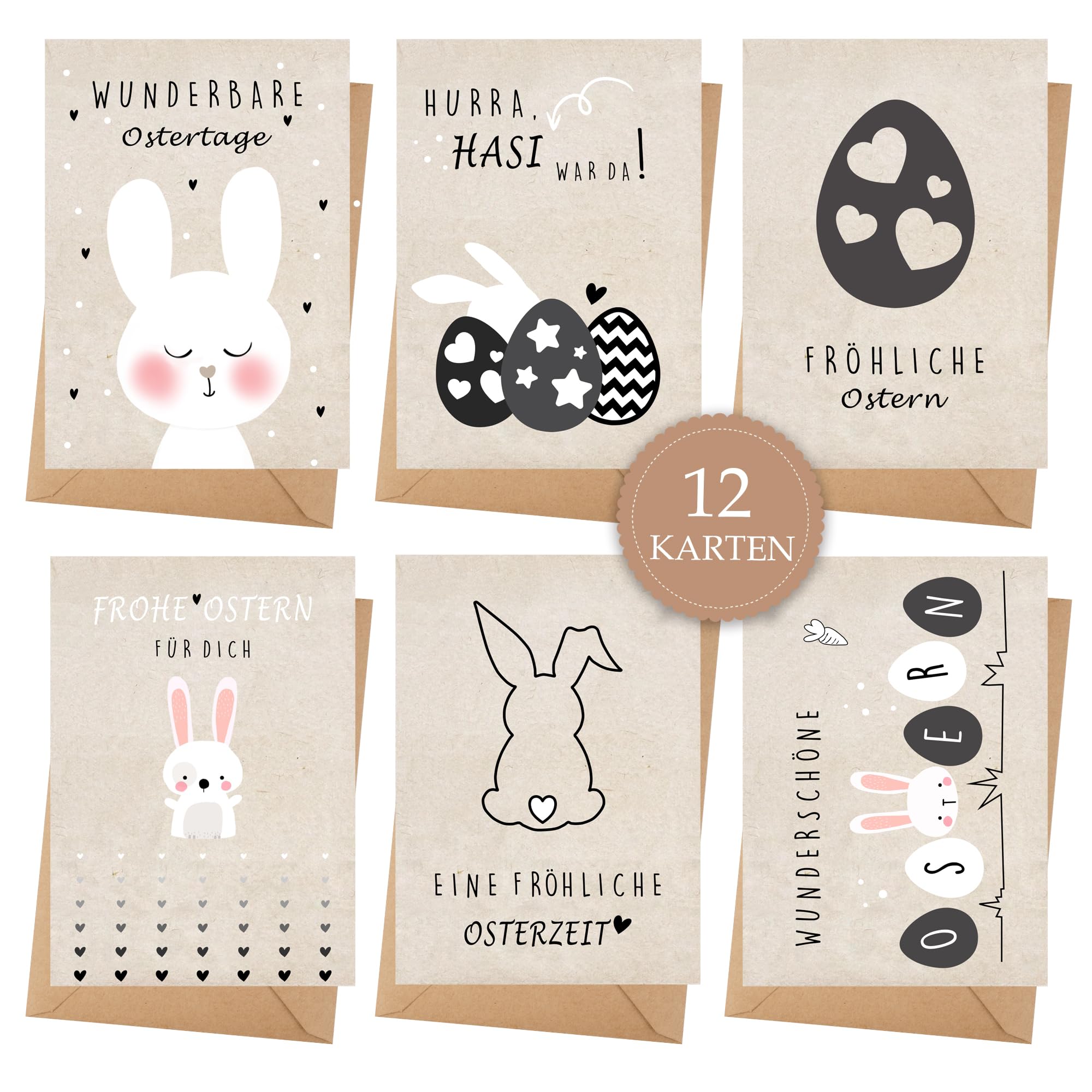 Goldziples 12 Osterkarten mit Umschlag Set - Hochwertiges Klappkarten mit niedlichem Hasen - A6 Frohe Ostern Set mit Sprüche - Grüße an die Familie - zum Schreiben und Drucken