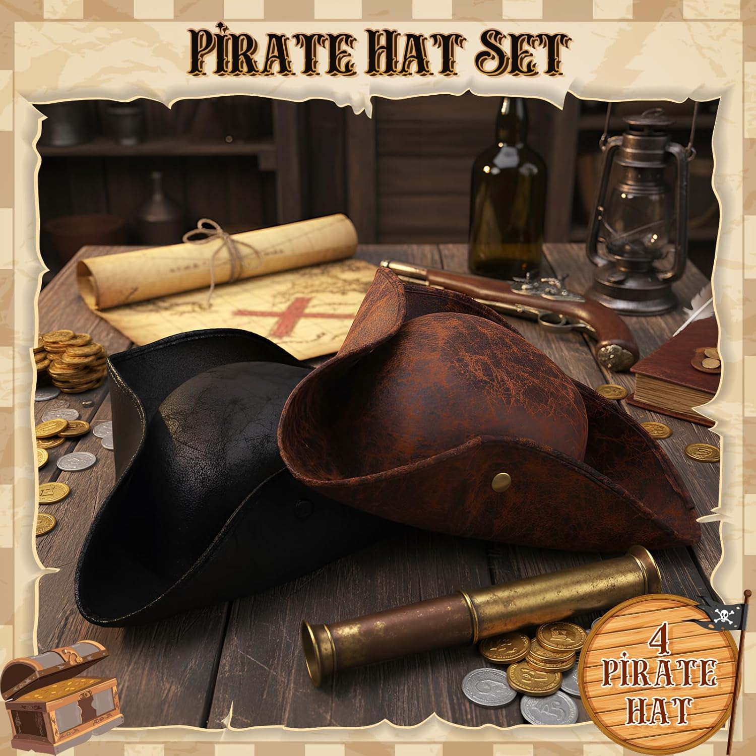 Chicingyou Pirate Hat Faux Leather Colonial Tricorn Hat for Adult Renaissance Costume Patriotic Halloween Dressed Accessories