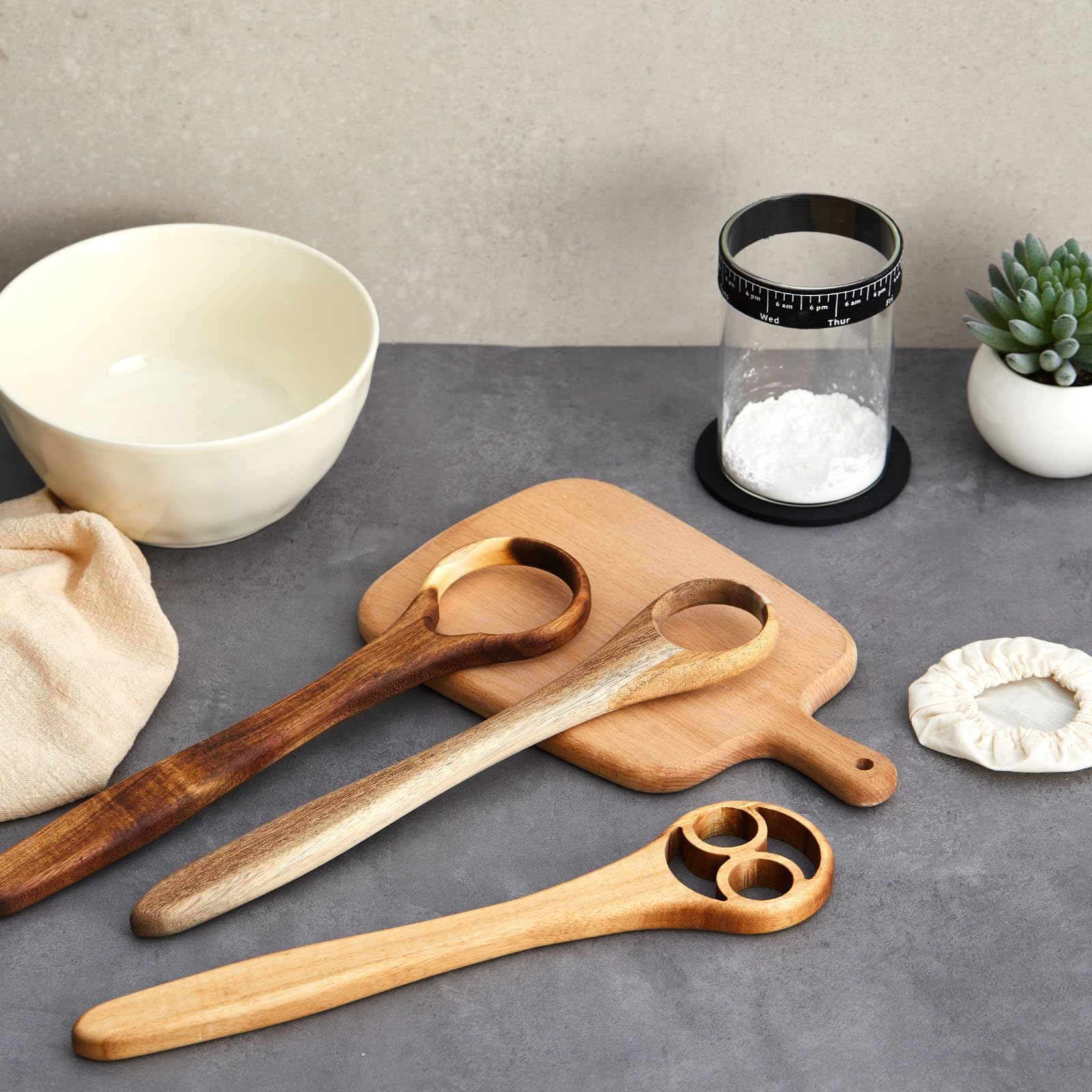 SiliFine Dänischer Teigbesen, Akazienholz, dänischer Mixer, Sauerteig-Holzmixer, traditioneller holländischer Schneebesen für Gebäck, Ei, Pizza, Kuchenteig, 3 Stück